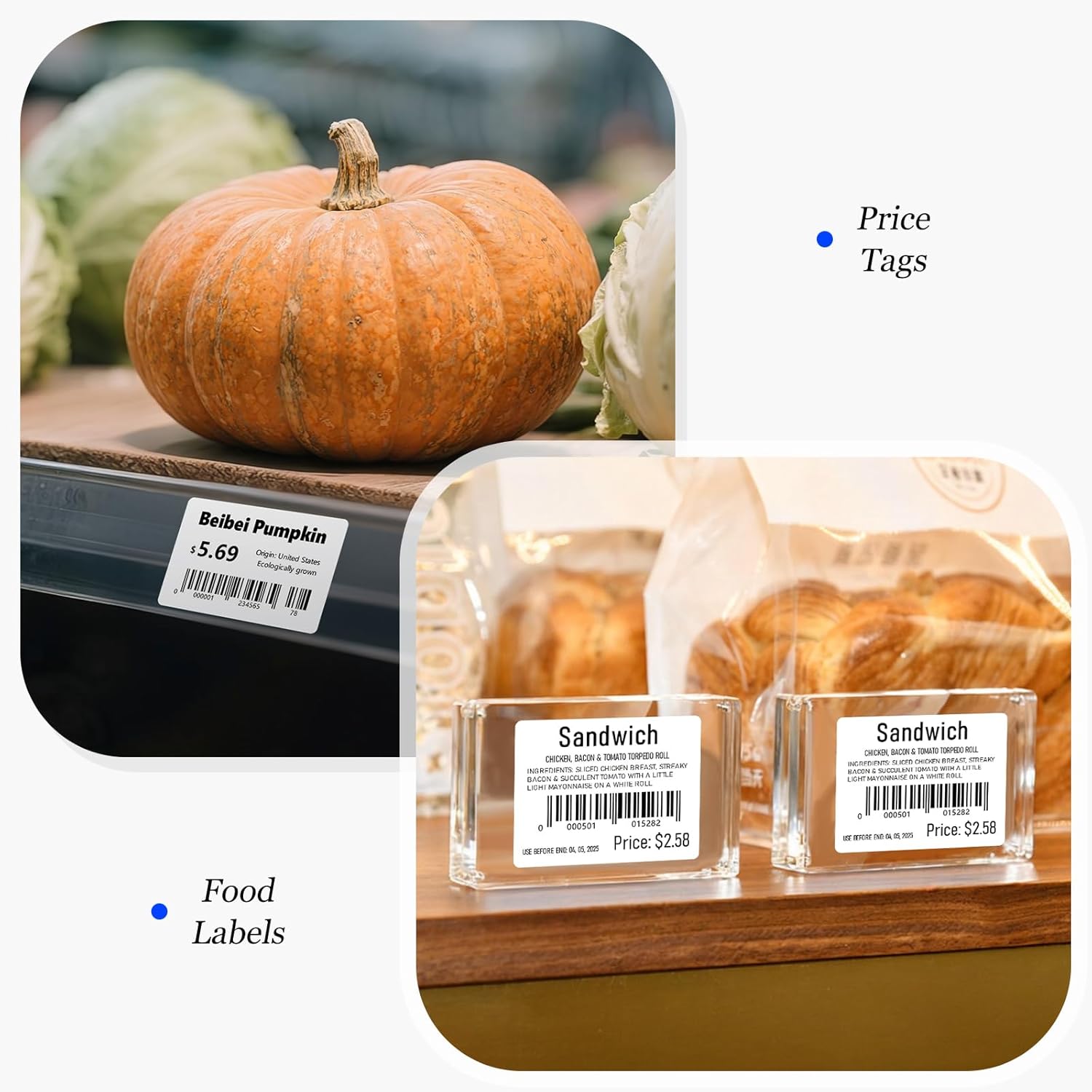 CLABEL 1x1 inch labels used as price tags on produce and food items, displaying barcodes and pricing.