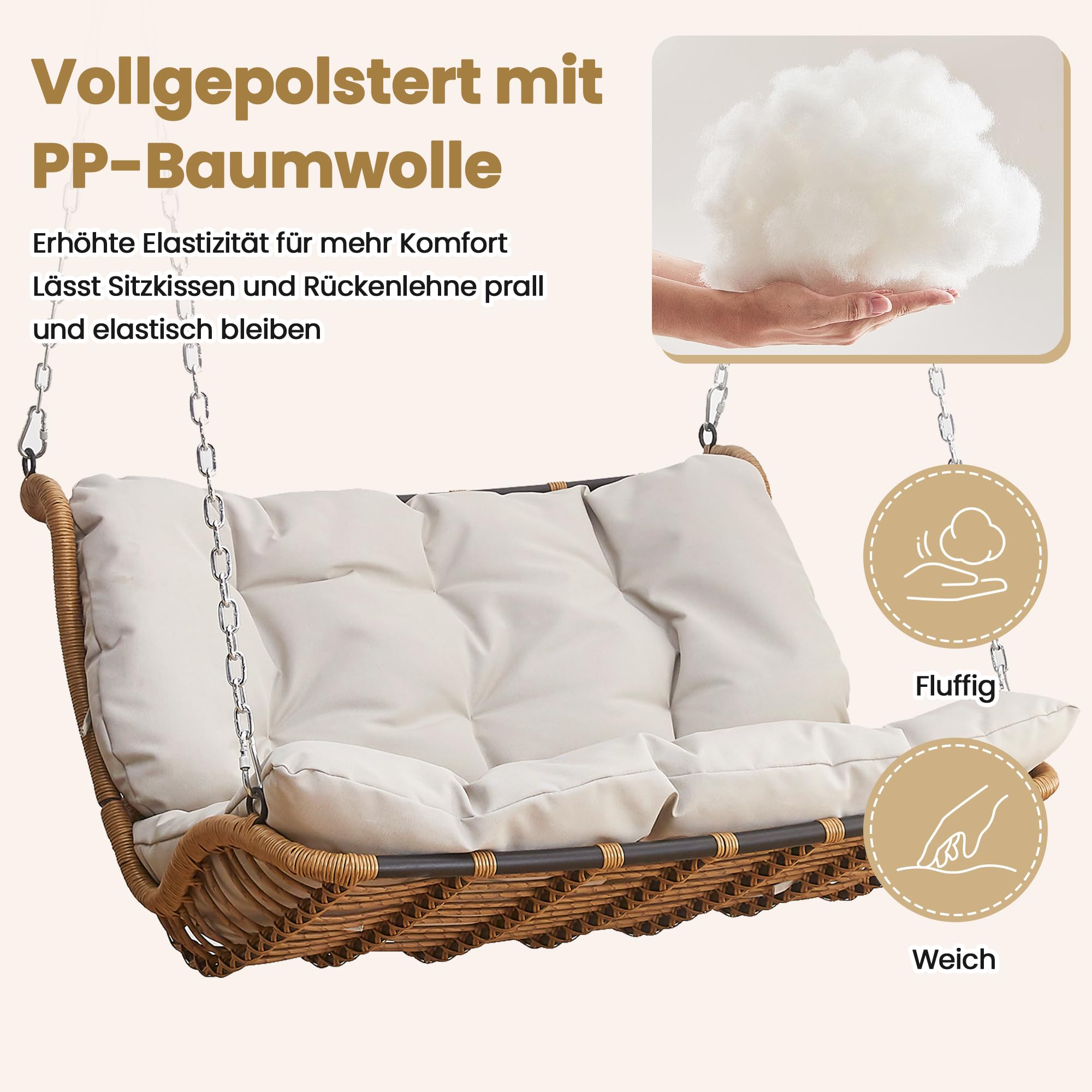 PE-Rattan-Schaukel-Doppelsitz, Hängeschaukel für den Garten im Freien, mit Kissen und 2 Ketten, ohne Rahmen, Kissen sind abnehmbar und waschbar