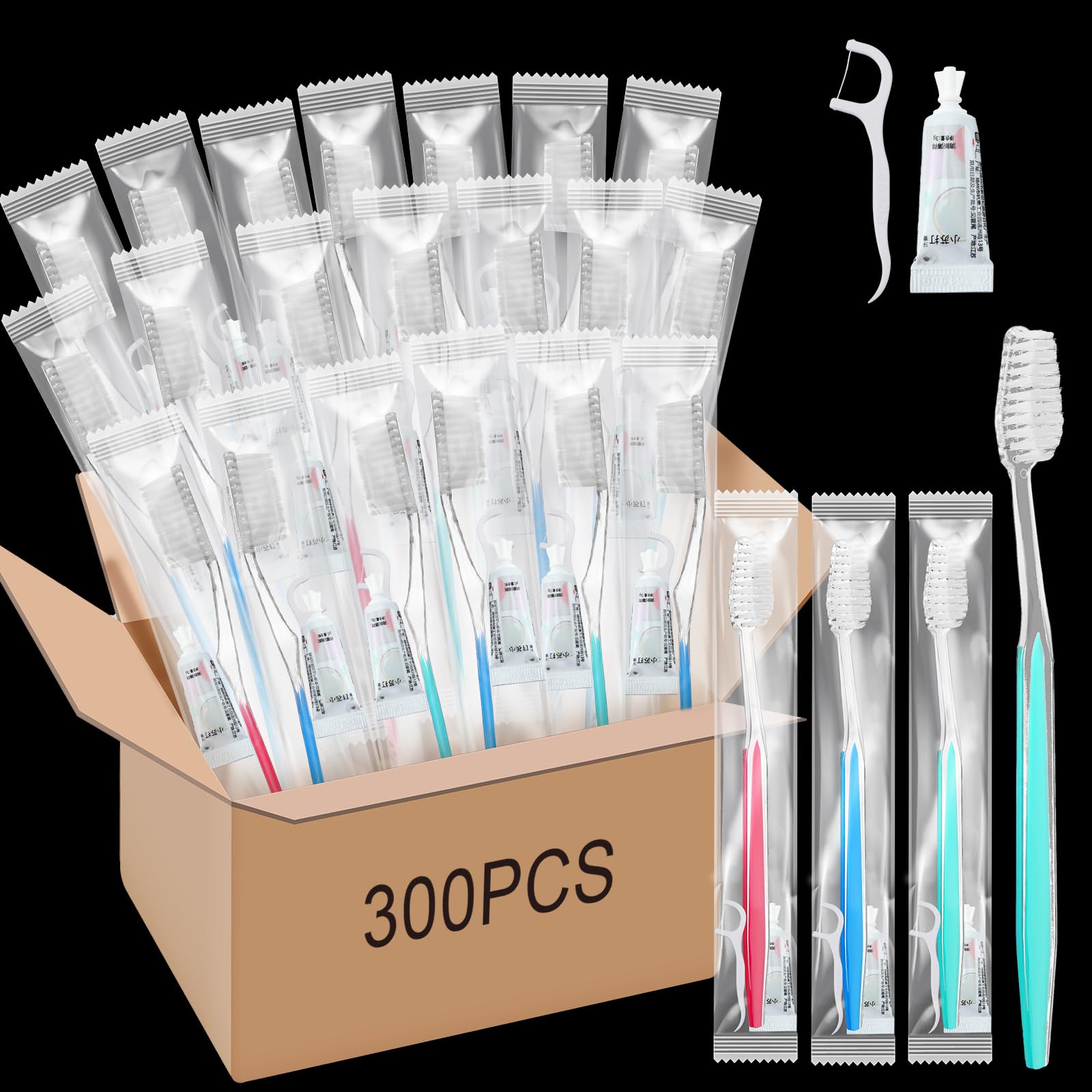 Maxcheck Set di 300 spazzolini da denti usa e getta, con dentifricio e filo interdentale, confezionati singolarmente, set di spazzolini da viaggio per senzatetto per gli ospiti dell'hotel