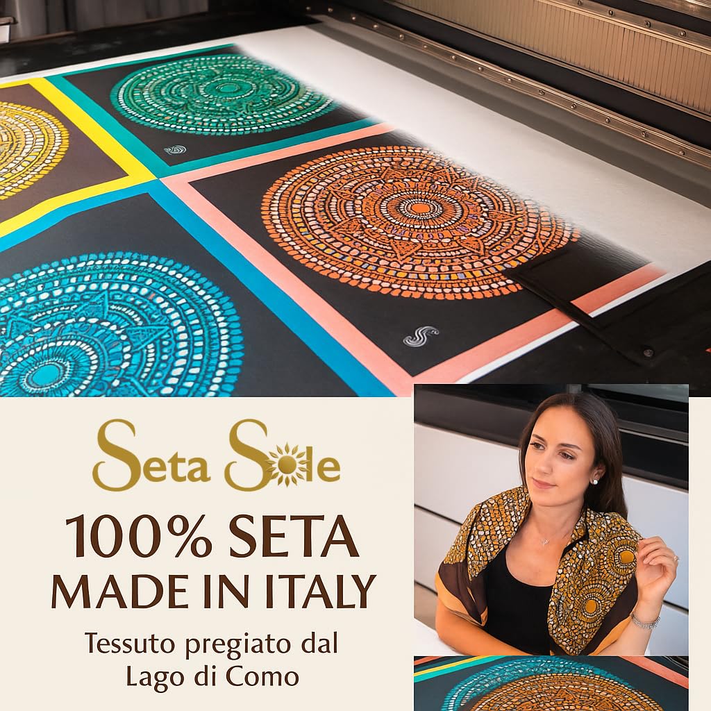 Seta Sole – Foulard in 100% Seta Made in Italy 70x70 cm – Mandala Disegnato a Mano – Sciarpa Quadrata Elegante Donna, Accessorio Moda Artigianale Lago di Como