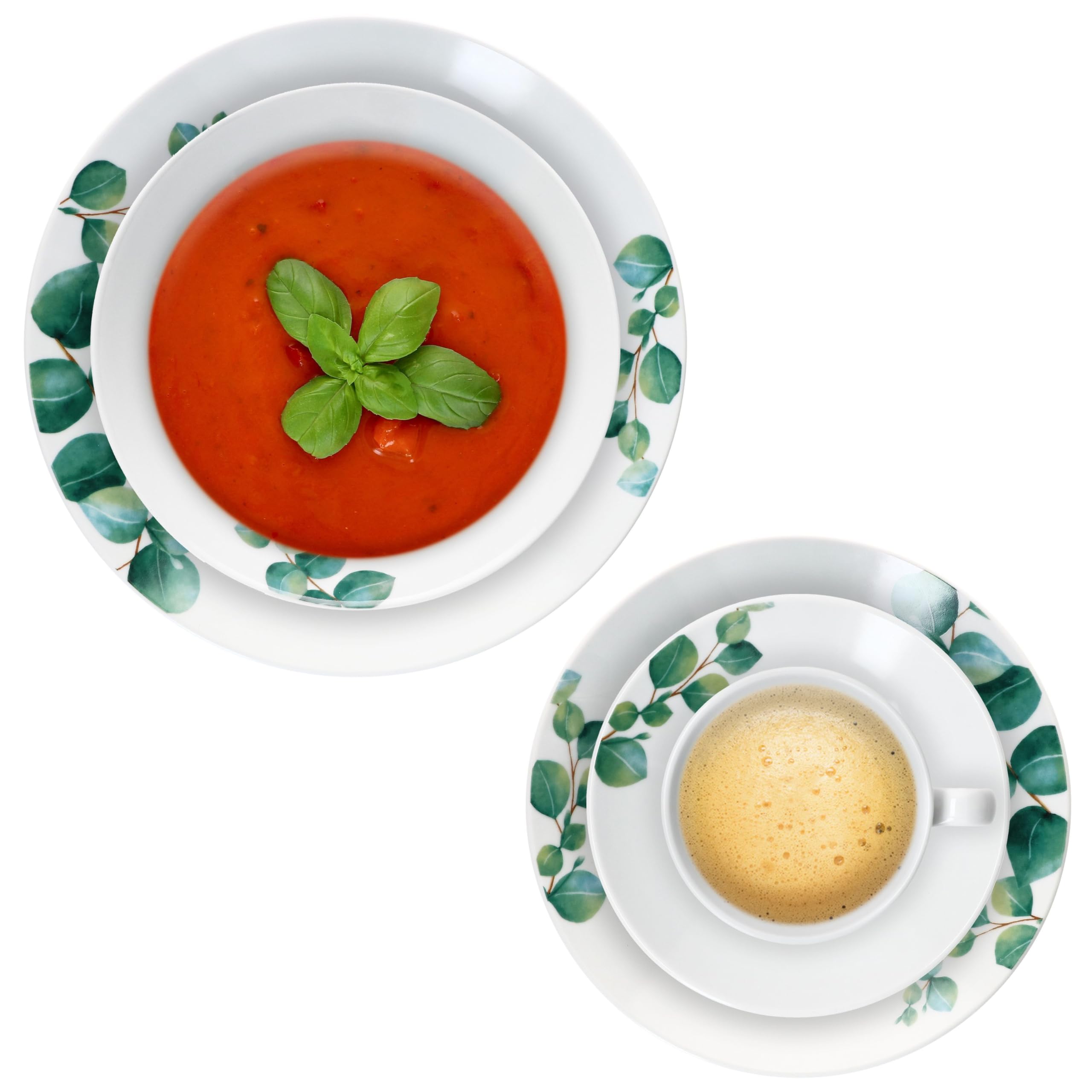 MamboCat Service combiné eucalyptus 30 pièces I Service de table en porcelaine blanche avec décor végétal vert pour 6 personnes I 6 tasses à café 180 ml, soucoupes, assiettes à gâteau, assiettes