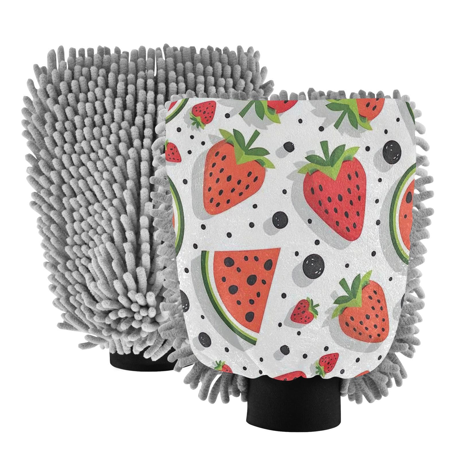 Kigai Cartoon Watermelon Car Wash Mitt Microfiber, 2Pcs Scratch Free Lint-Free, Premium Chenille Microfiber Mitt Car Wash Brush-L