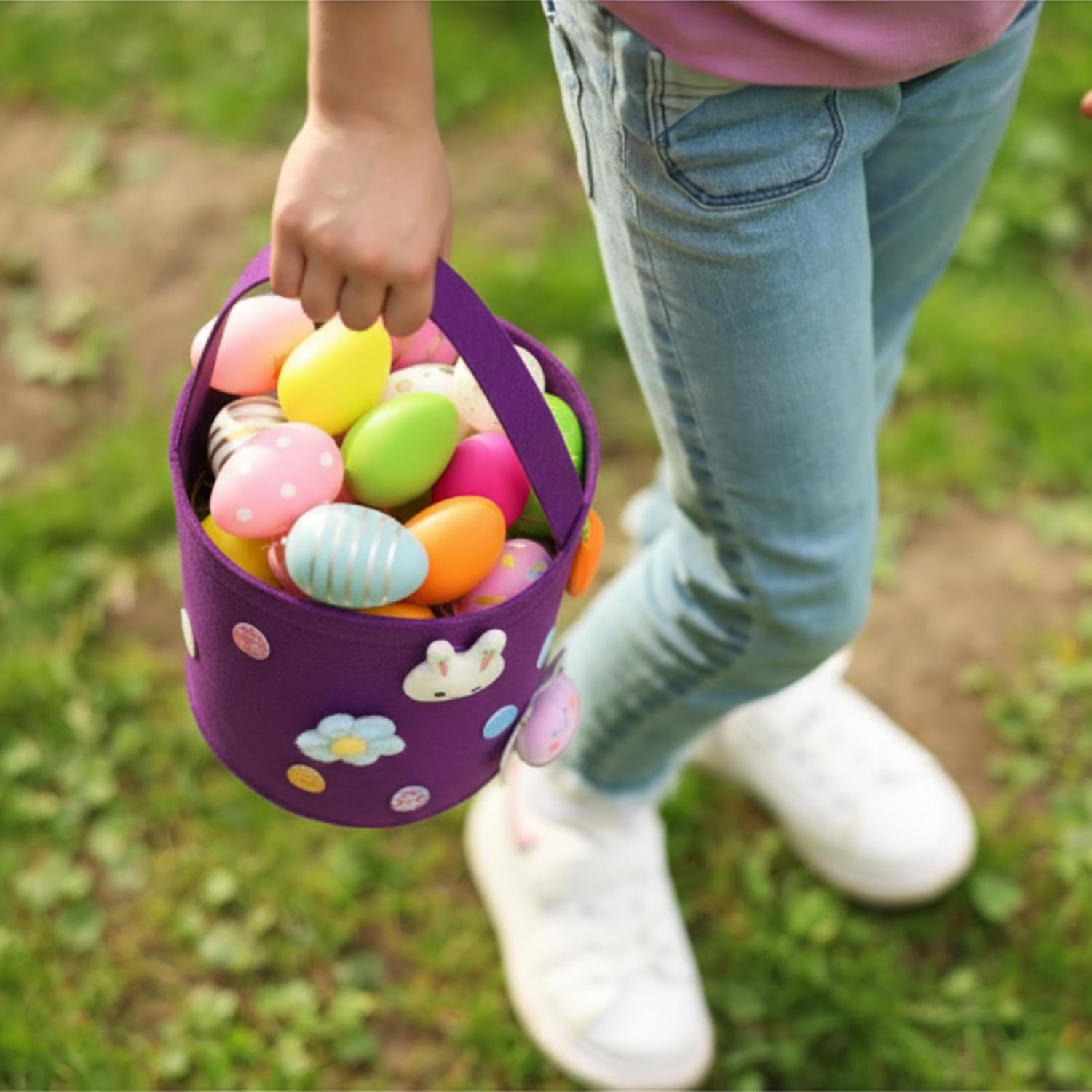 Breling 6 Pcs Large Easter Egg Basket Bulk Easter Bunny Baskets with Handles Reusable Felt Bucket for Candy Gifts Storage Party Favors 10 x 9 x 9 Inch(Rainbow)