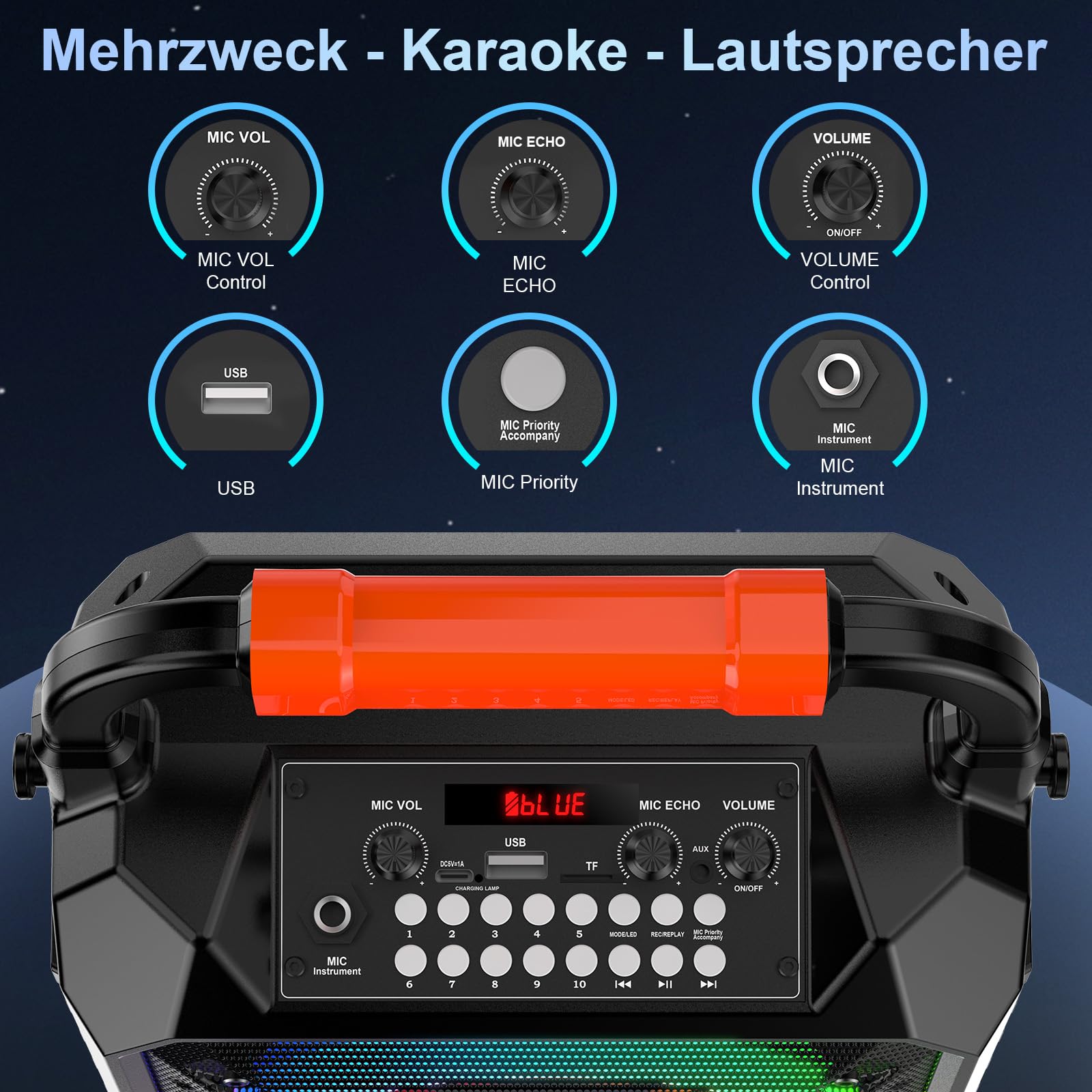 JYX Karaoke Maschine mit 2 kabellosen Mikrofonen, Bluetooth 5.3, 80W Lautsprecher, 6,5-Zoll-Bass, bis 12 Std., LED-Licht, USB/TF/AUX, tragbares Karaoke Set für Kinder und Erwachsene