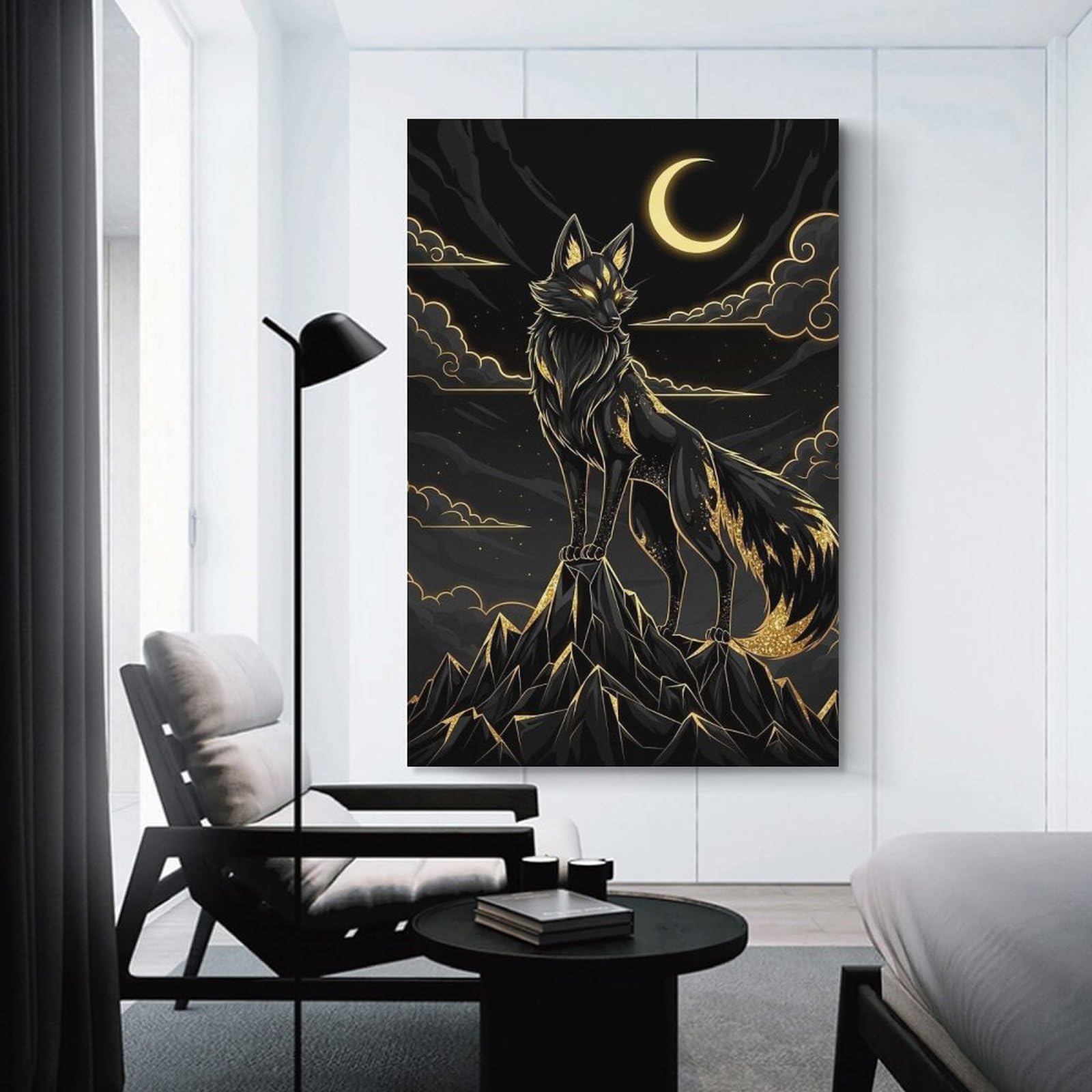 Junmoney Unframe-Style-4-1 Golden Kitsune Under A Crescent Moon Room Decor Wall Art, 20X30inch(50X75cm), For Entrance Spaces, Stair Walls Or Halls, A Stylish Accent For Home Entrances