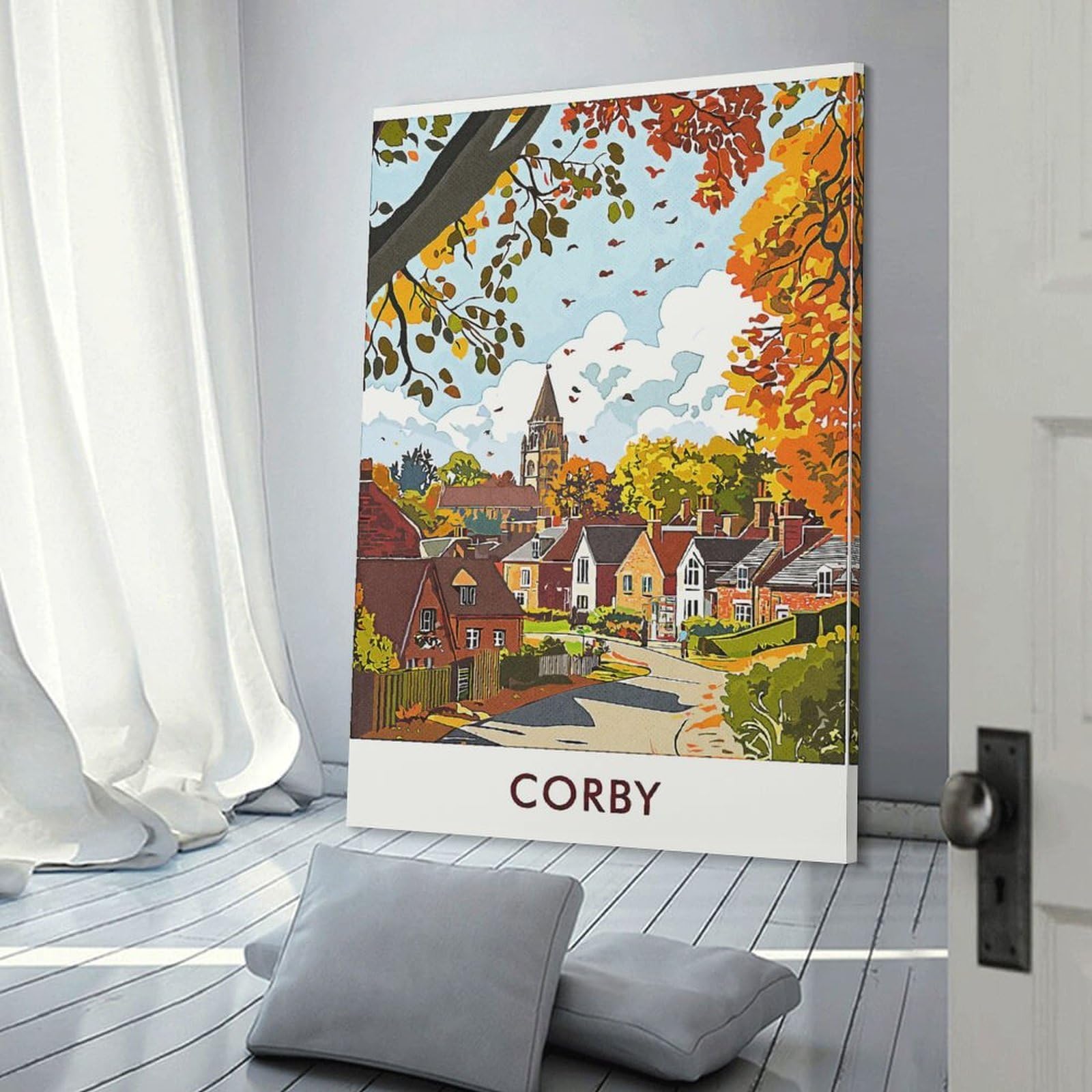 Junmoney Decorative Wall Artwork Corby Town Autumn Scene, 24x36inch(60x90cm), for Living Room, Bedroom Or Apartment Walls, Decorative Artwork for Empty Walls