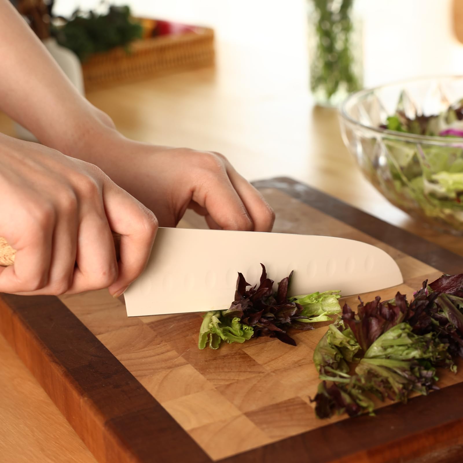 hecef Juego de Cuchillos Cocina 3 Piezas, Acero Inoxidable, Mango Efecto Madera, Santoku, Multiusos, Pelador