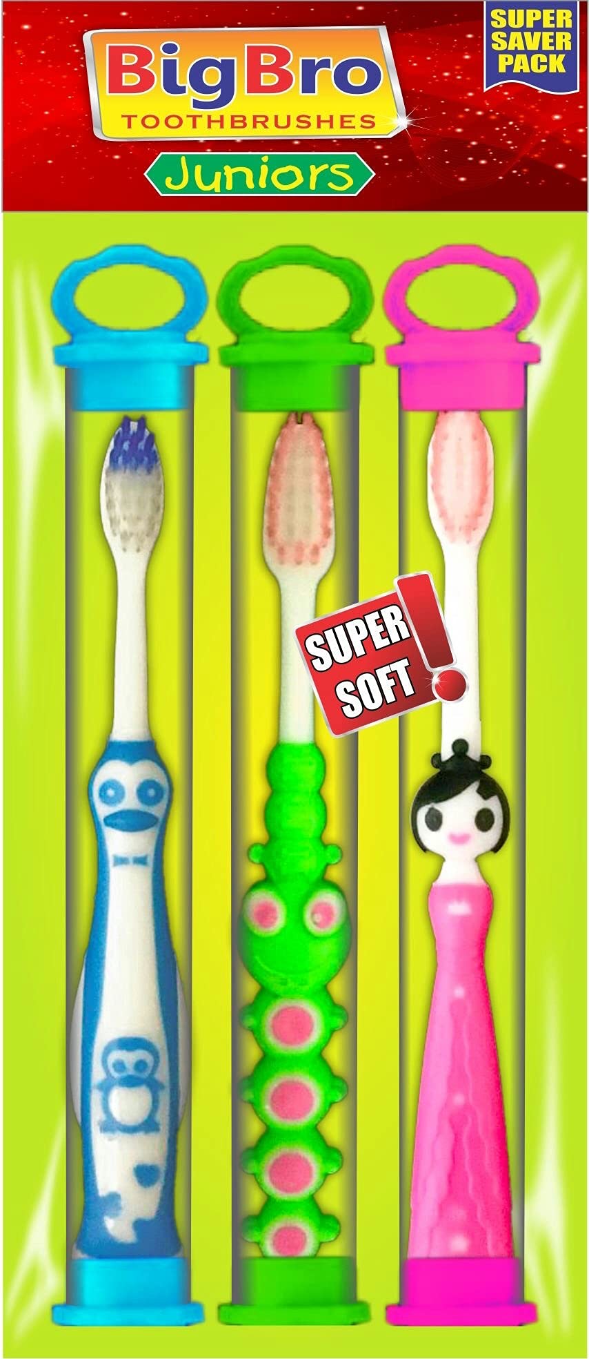 BigBro Kids Manual Toothbrush Extra Soft Bristles With Toothbrush Cover Cartoon Shape Age 2+ (Super Saver Pack Of 3),Multicolor