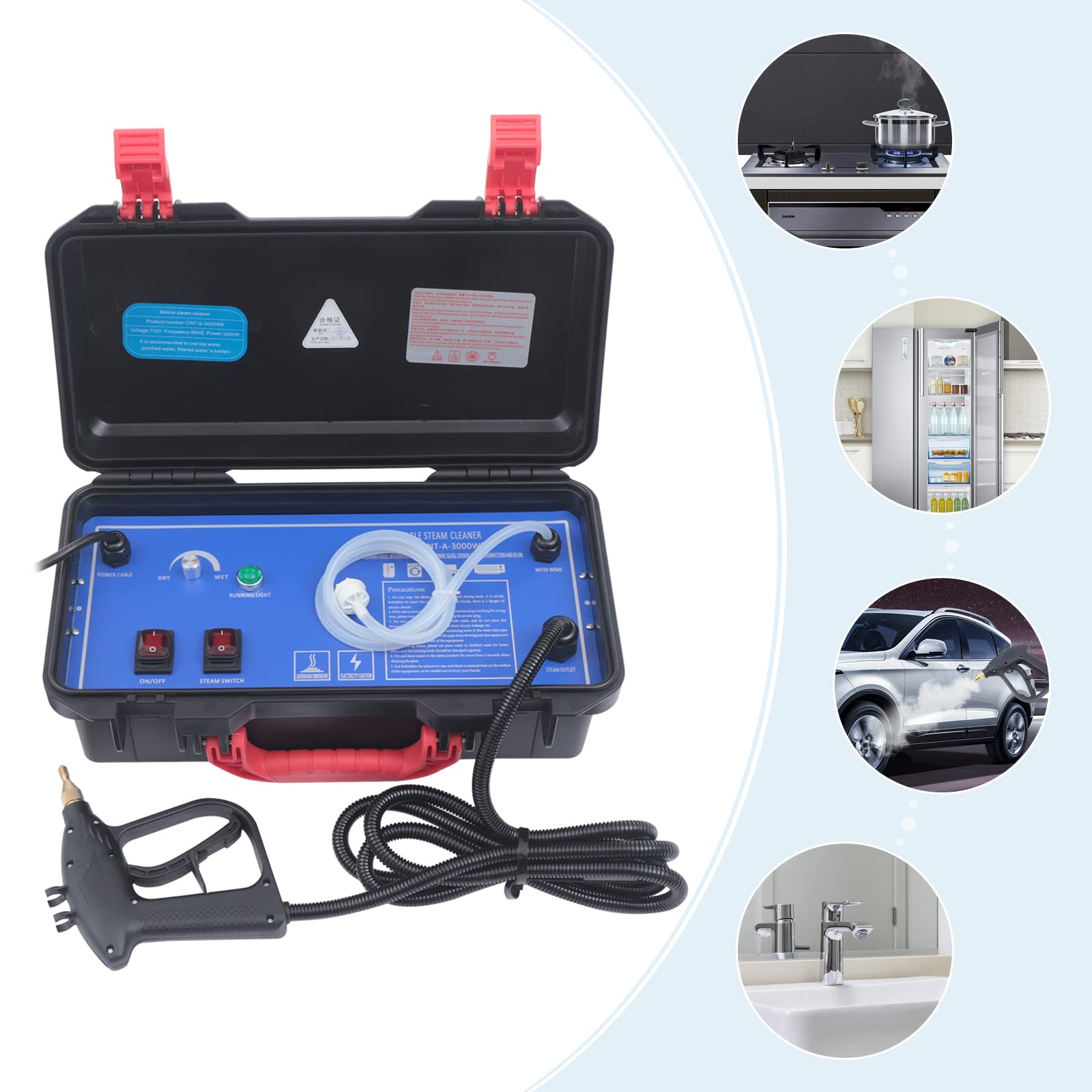 Limpiador de vapor profesional de 3000 W, 220 V, foco de vapor portátil con 5 bares de presión y 130 °C para coche, hogar, industria, incluye manguera de 3 m y pistola (fácil manejo)