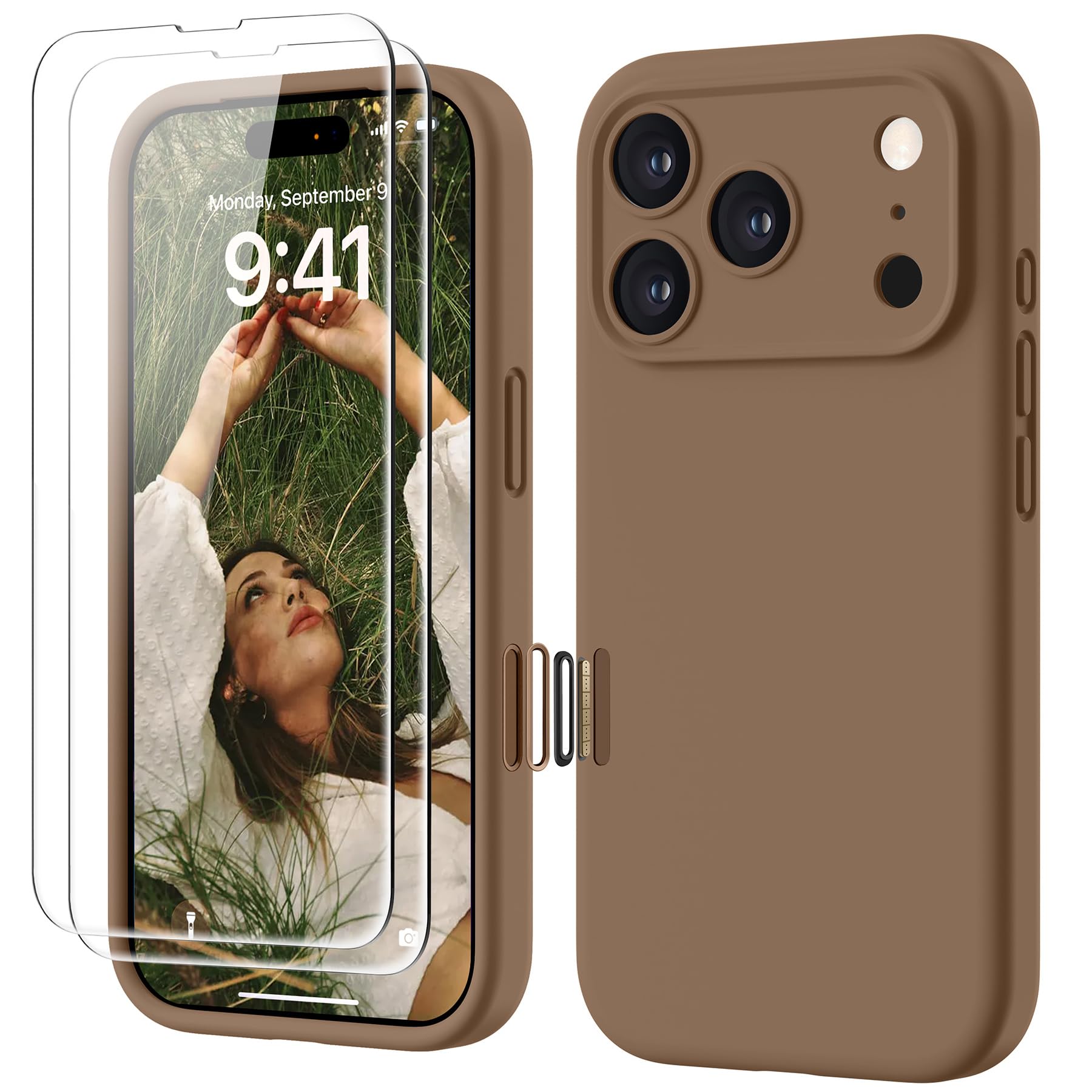 GOODVISH Silicone Cover per iPhone 17 Pro 6.3", Custodia con 2x Vetro Temperato [Pulsante Controllo Fotocamera] 360° Protezione Anticaduta Case per Cellulare Antiurto Resistente, Marrone