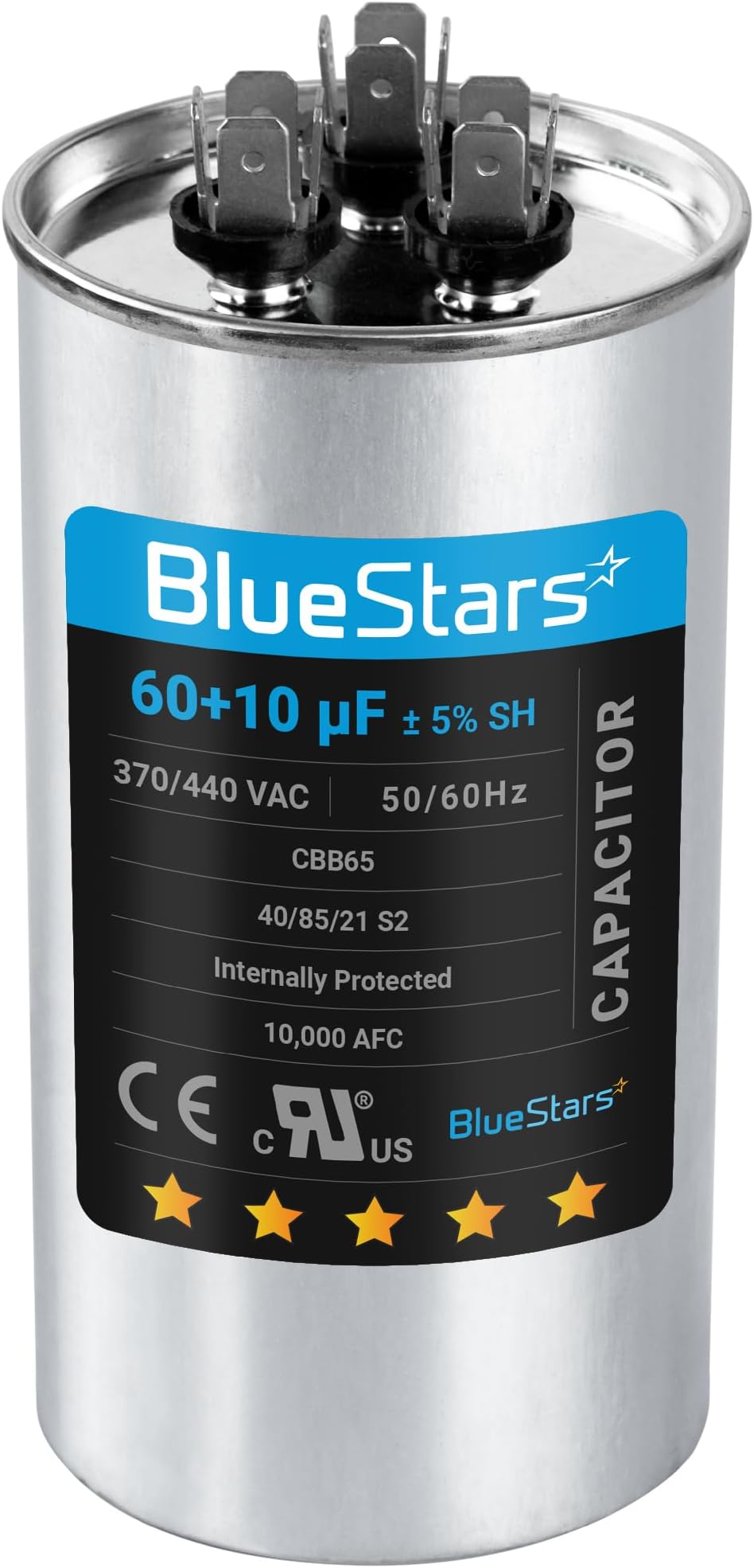 60+10 uf 370-440VAC ±5% Volts Round Run Start Capacitor Electric Replacement Part by Blue Stars - Exact Fit for HVAC, Air Conditioners, Heat Pumps