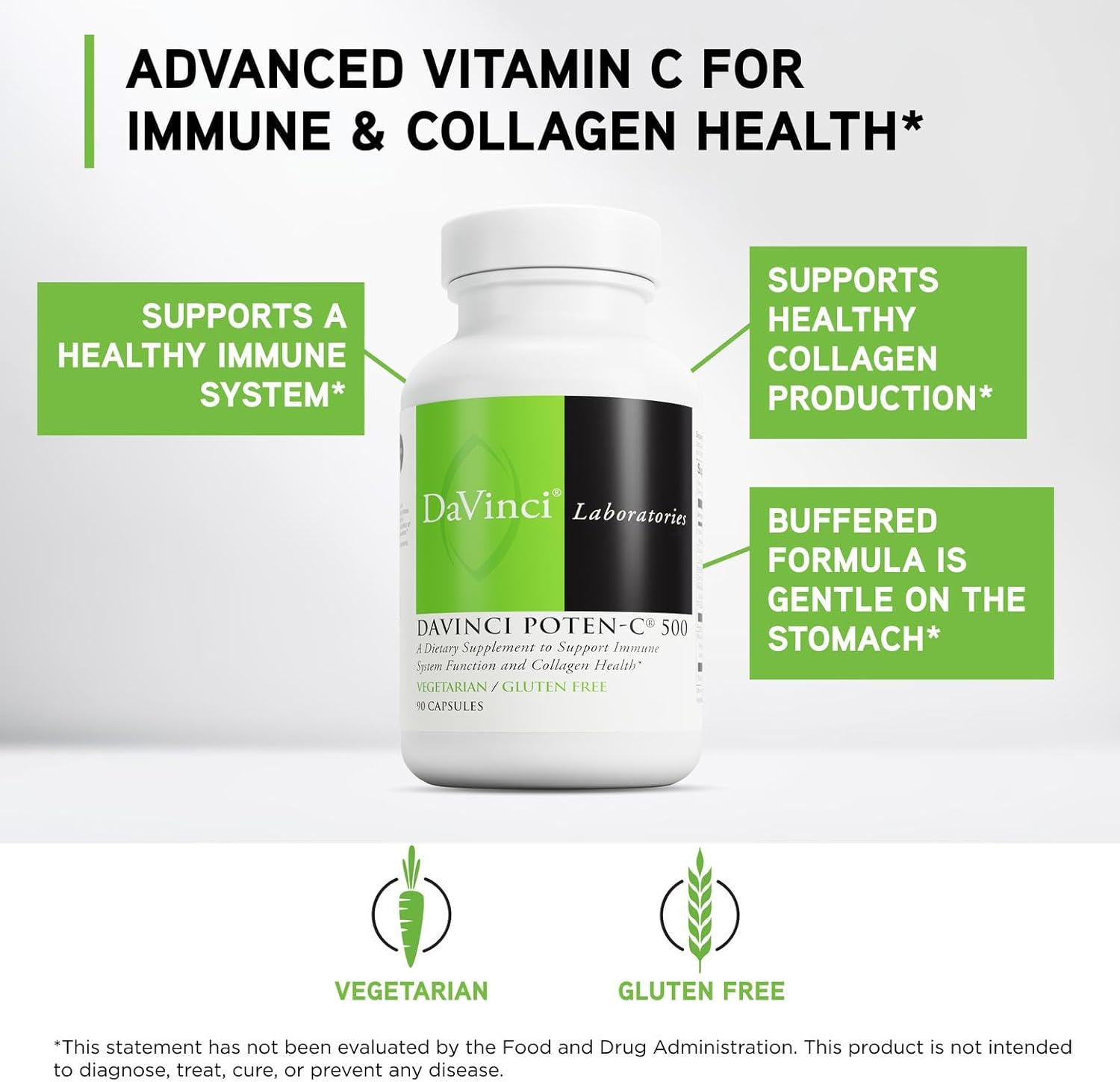 DAVINCI Labs Poten-C 500 - Dietary Supplement to Support Immune System Function & Collagen Health* - with Vitamin C, Calcium, Magnesium, Potassium, and More - Vegetarian - Gluten-Free - 90 Tablets