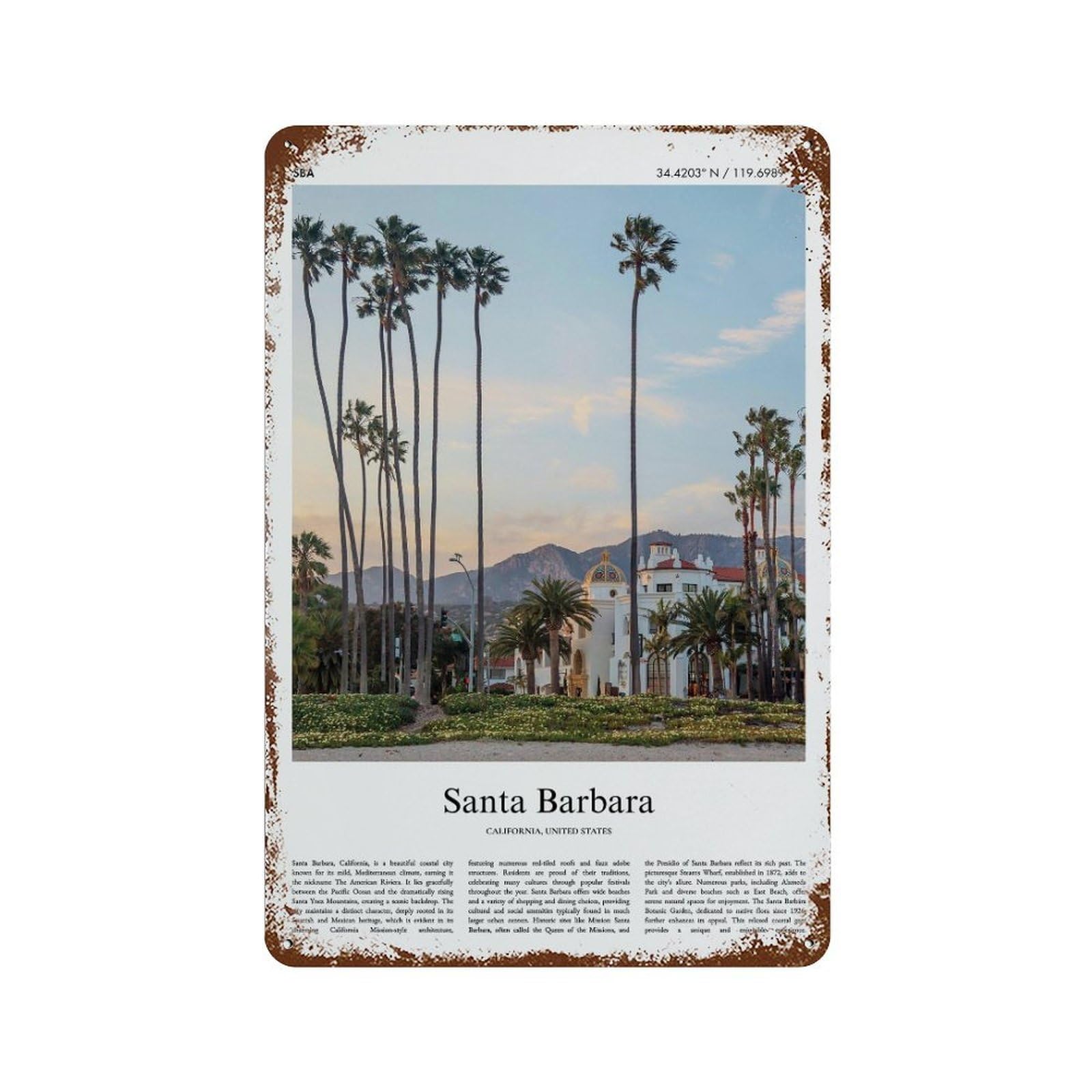 xiaoxiaoshen Santa Barbara California, United States, USA City Scenery Wall Decor Art Metal Tin Poster Modern Home Decor Art Home Bar Shop Decorations Vintage Sign 30x20cm