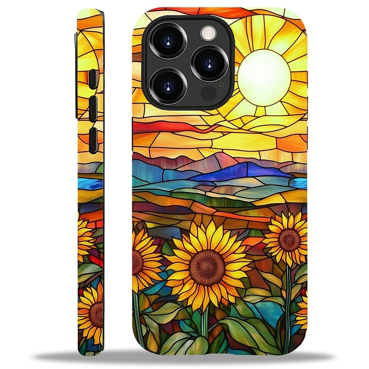ZHEGAILIAN Compatible with iPhone 15 Pro Case,Sunflower Field Sunset Stained Glass Case for iPhone 15 Pro 2 in 1 Silicone Mixed Hard Pc,Durable