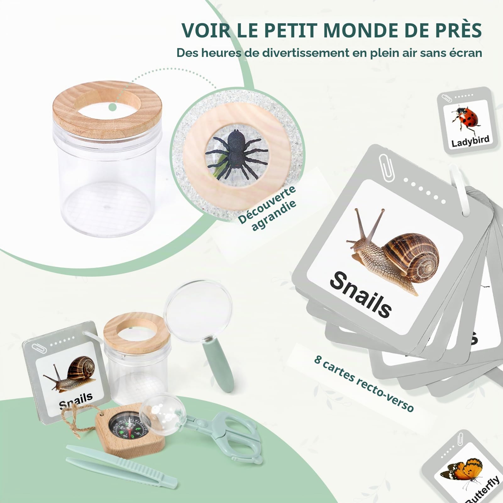 Kit Exploration Enfant Jouets, Observation Insectes Enfant avec Attrape Insecte, Boîte à Insectes, Filet Papillon, Loupe, Cadeau d'exploration de la Nature et d'aventure pour Garçons Filles