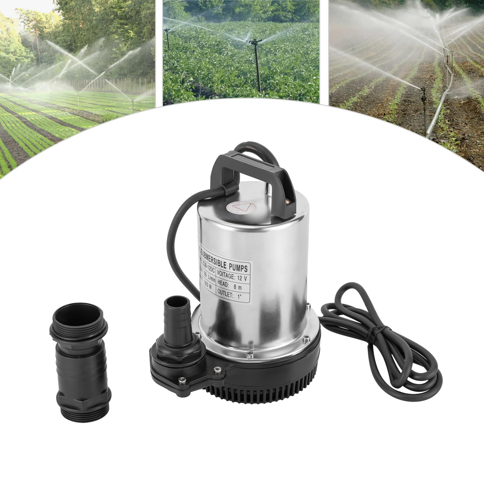 Pompa głębinowa 12 V, 160 W, kolor chromu, 6000 l/h, pompa brudnej wody z 3 średnicami wylotowymi, wysokość tłoczenia 9 m, do ogrodu i nawadniania