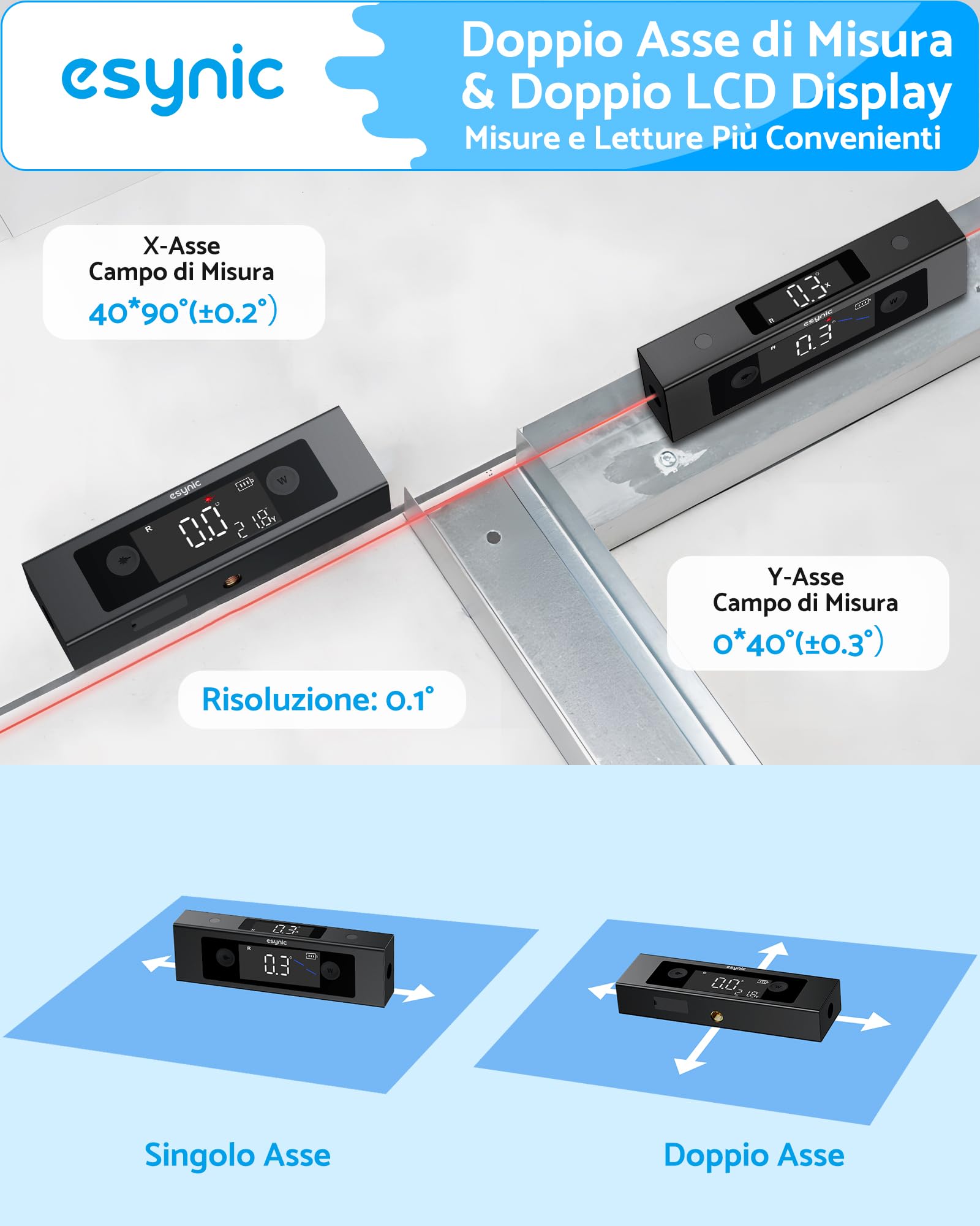eSynic 4x90°Level Box Digitale con 2 Linee Laser, Doppio LCD Inclinometro Dual Asse X/Y, Base Magnetica, Goniometro Ricaricabile in Lega Alluminio Unità °/% / MM/M per Falegnameria Decorazione - Nero
