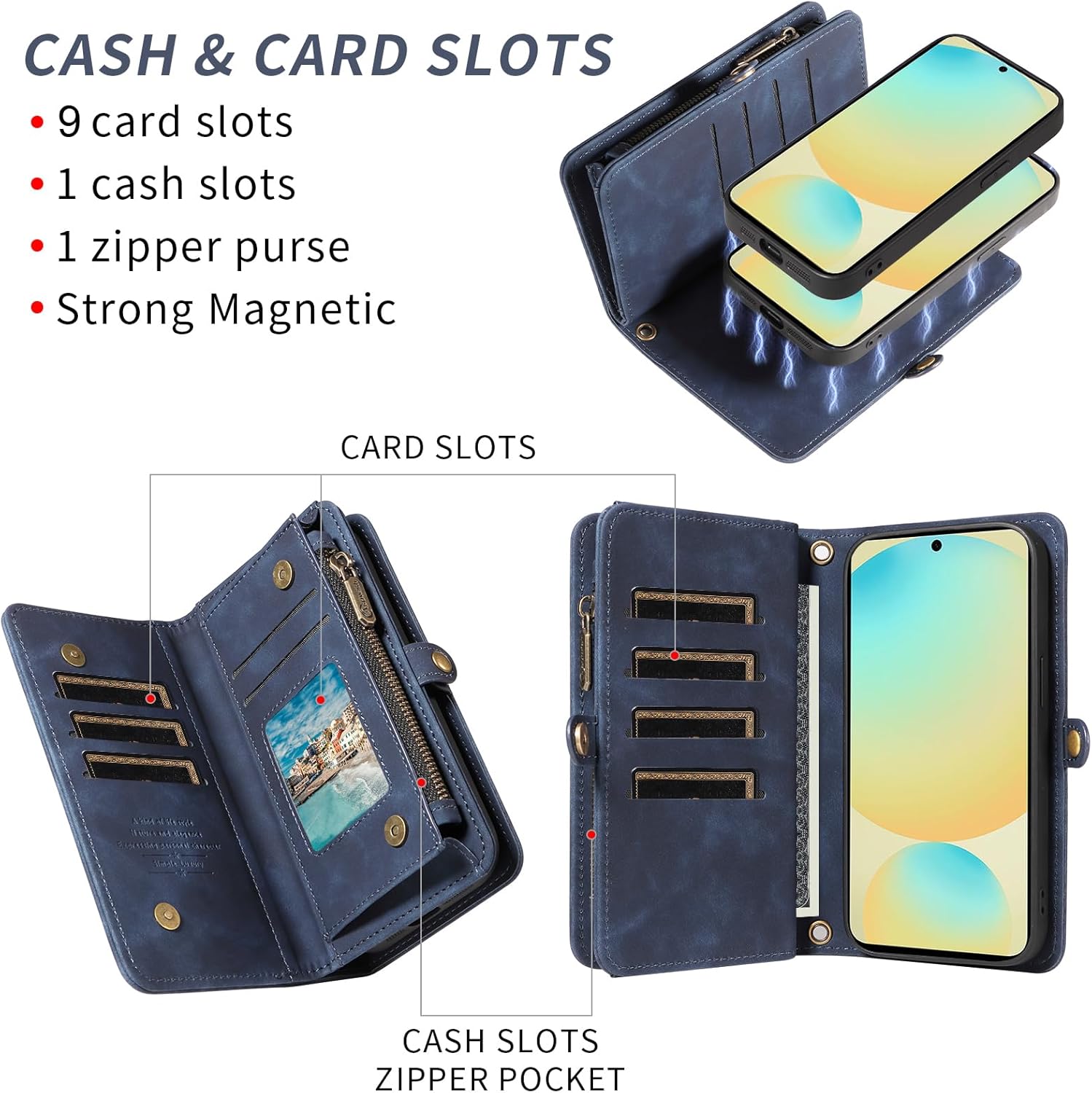 Asuwish Phone Case for Samsung Galaxy S24 FE 5G Zipper Wallet Detachable Cell Cover with Tempered Glass Screen Protector Crossbody Lanyard Strap Flip Card Holder S 24 EF AI S24FE 24S Women Girls Blue