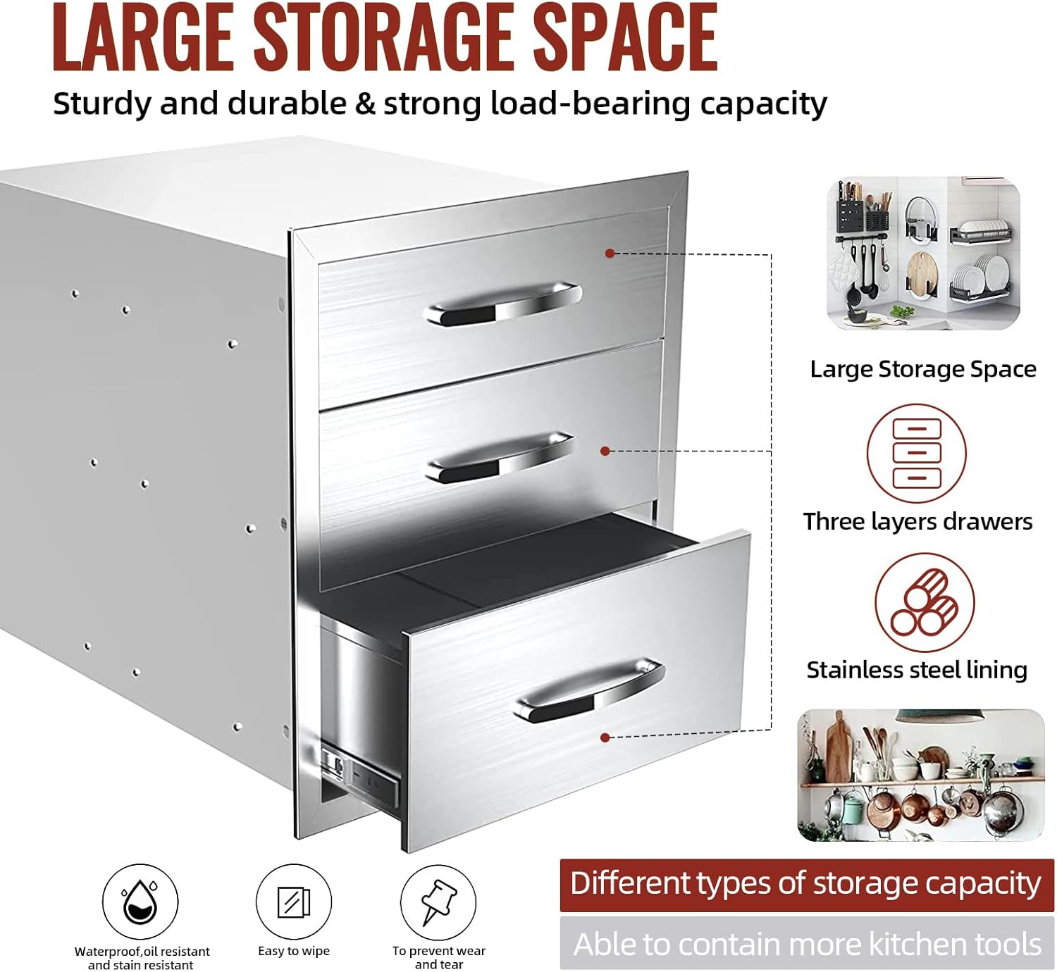 Outdoor Kitchen Drawers Stainless Steel, BBQ Drawer Inserts for Built-in Patio Grill Station, Triple Drawer, 16''W x 21''H x 23''D
