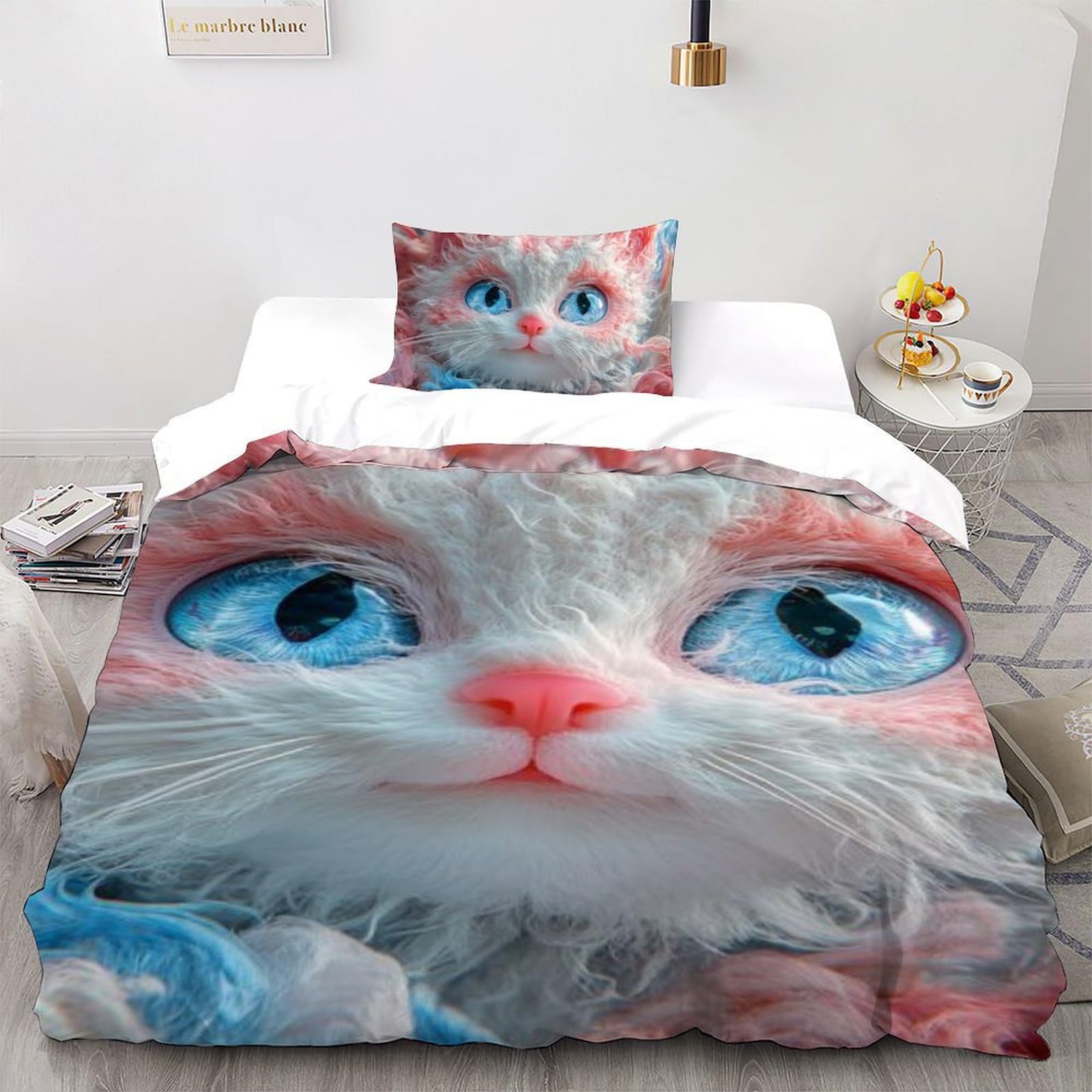 Housse de couette single chaton rose 135x200cm avec taie d'oreiller pour lit enfant