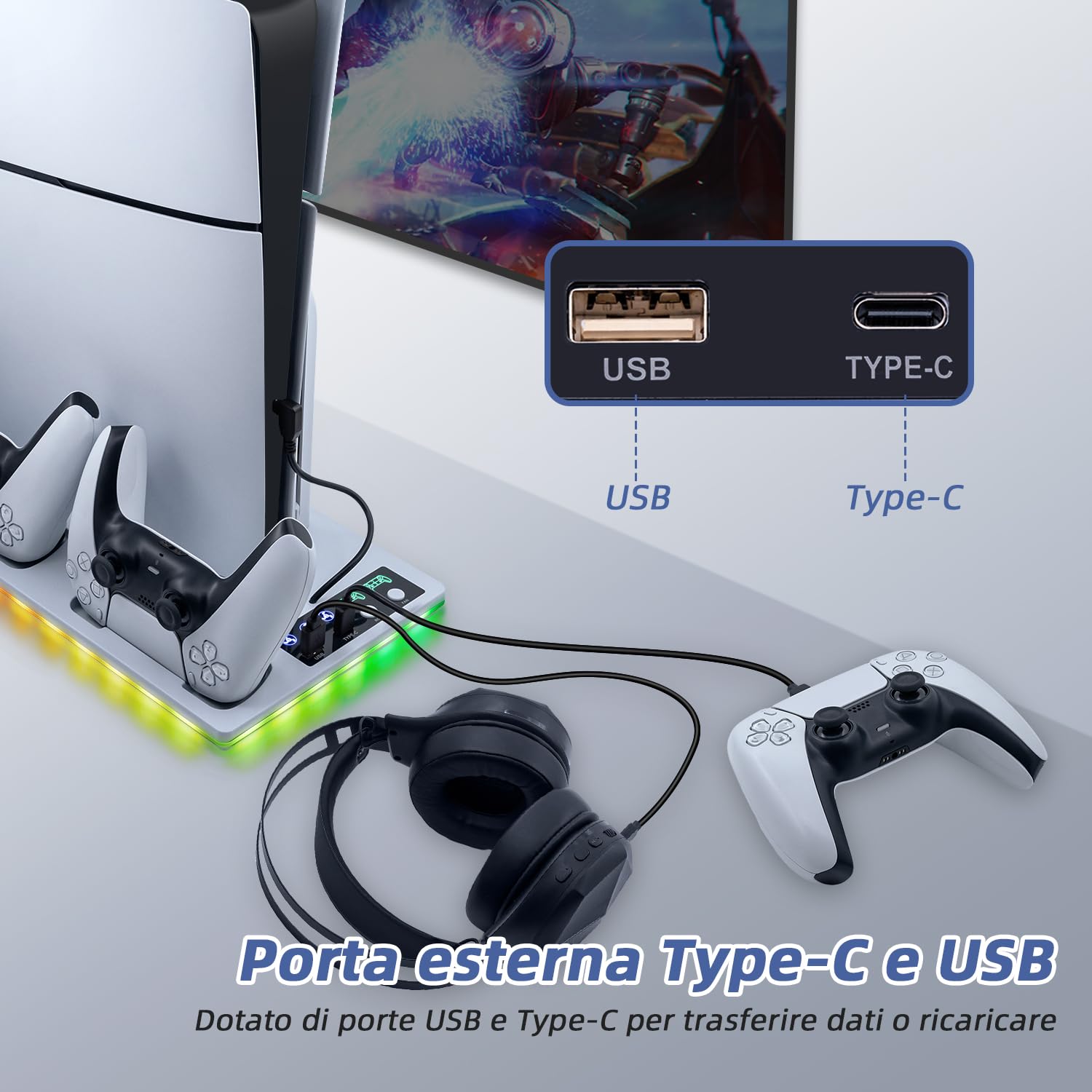 Wigearss Supporto Verticale Raffreddamento PS5/PS5 Slim/PS5 Pro con Doppio Caricatore Controller, Base di Ricarica Joystick PS5 con Ventola Raffreddamento, Illuminazione RGB per PS5/PS5 Slim/PS5 Pro