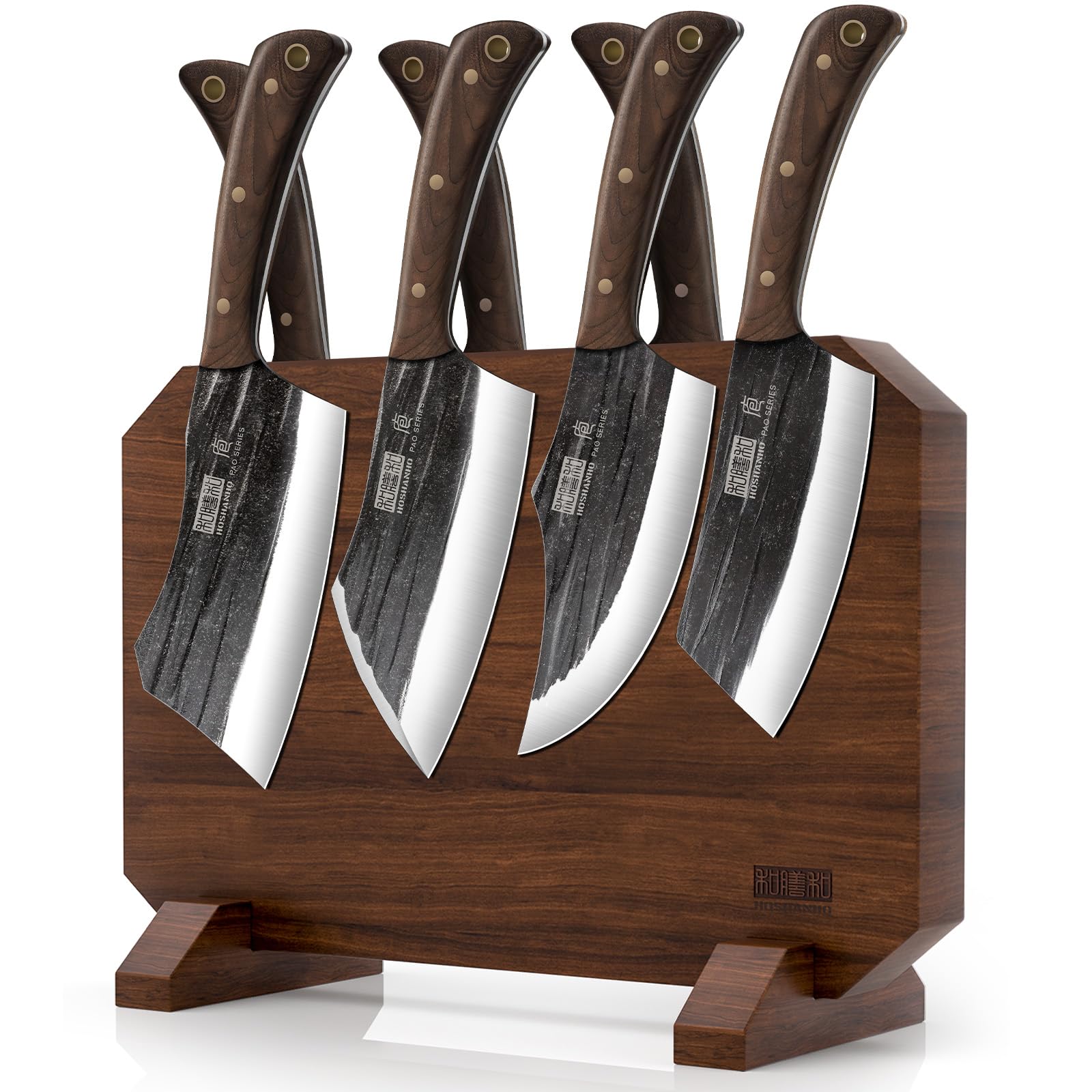 HOSHANHO 8 Pieces Butcher Kitchen Knife Set Hand Forged High Carbon Stainless Steel Magnetic Knife Block Set Ultra