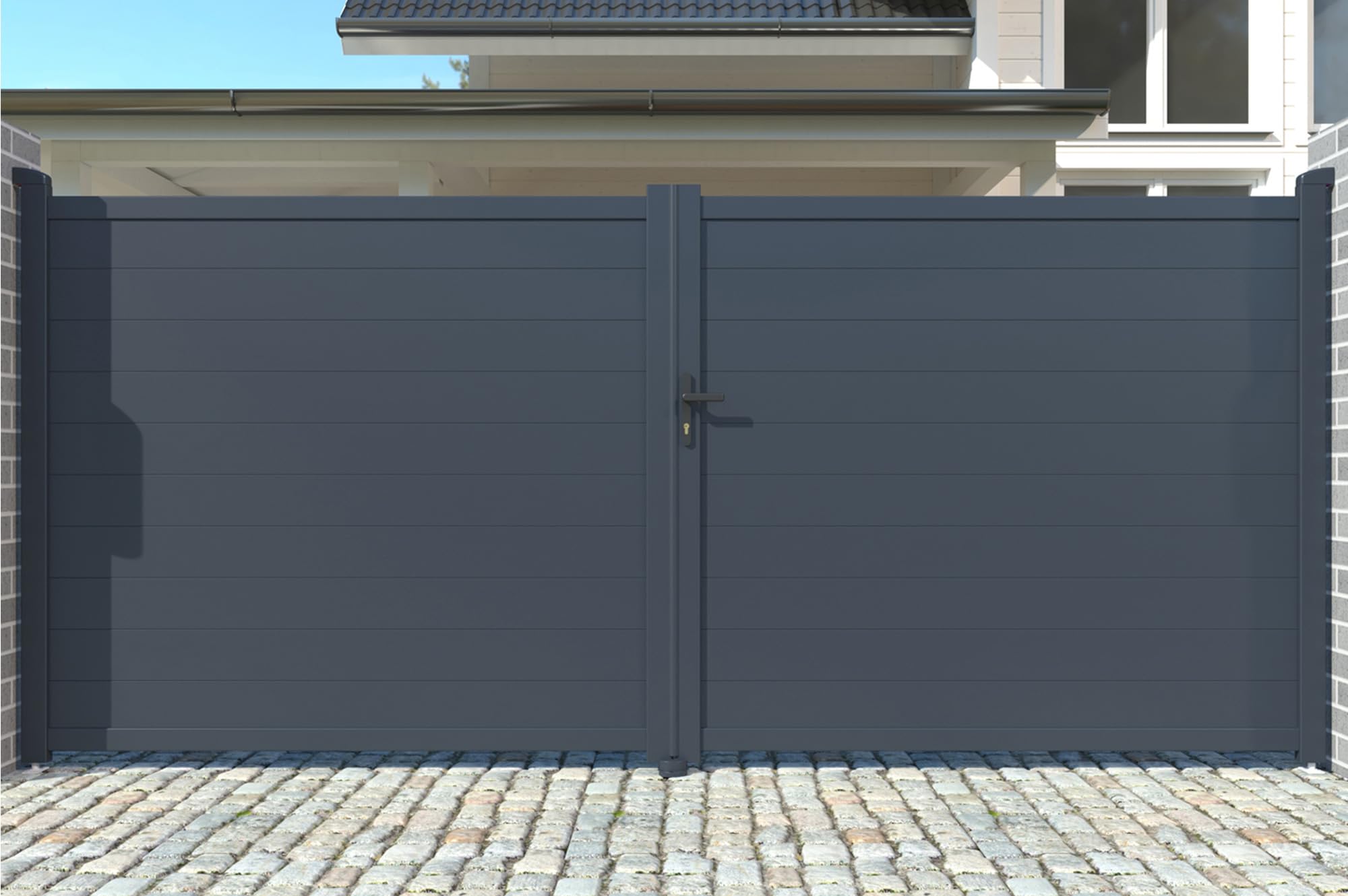 Casanoov Portail Battant EIGER Aluminium Gris Anthracite 300 x 176 cm 3 x 1,76 m 5,28 m² Plein Lames Horizontales Extérieur Intimité Résistance Vent 50 km/h Serrure Barillet 5 Clefs Inclus