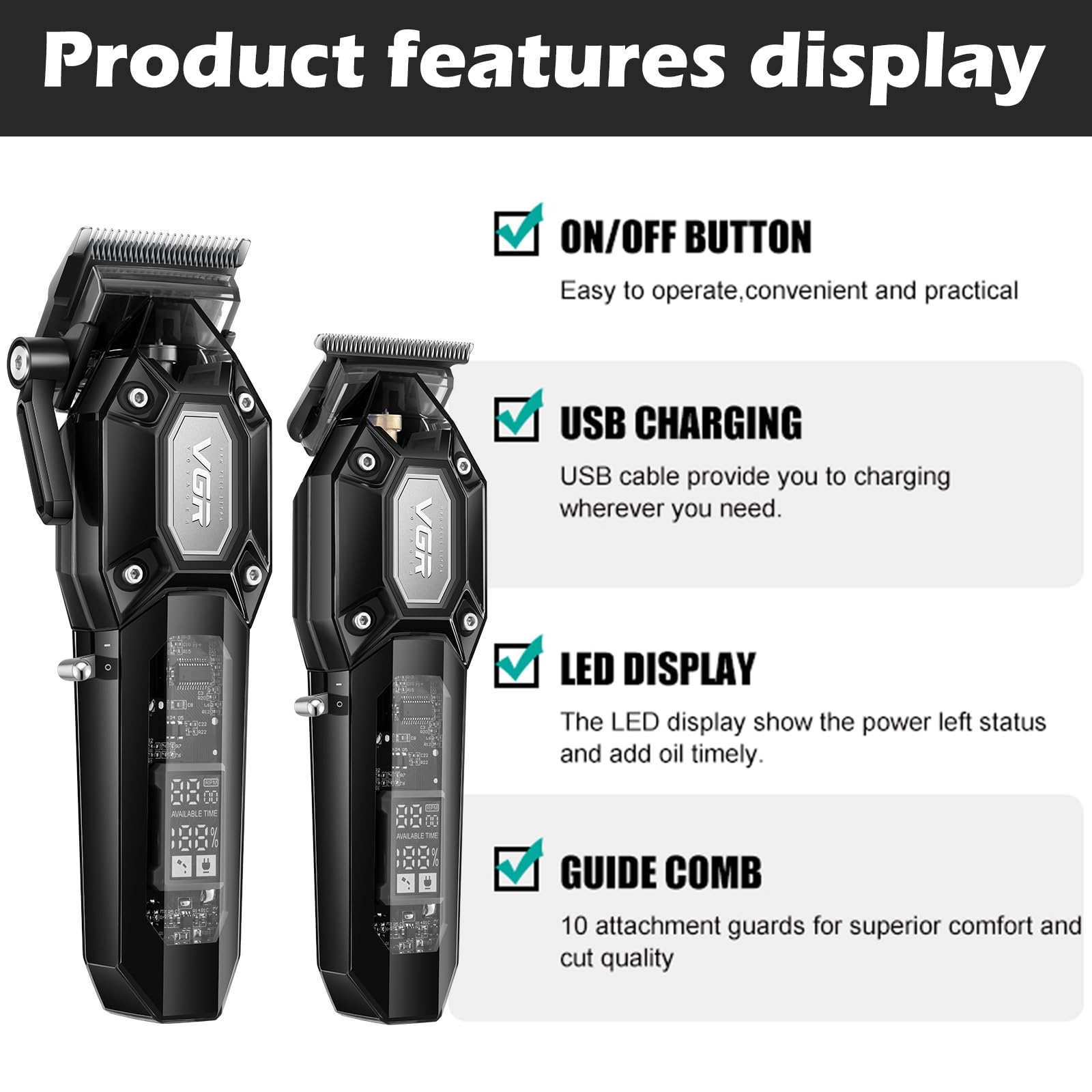 VGR Professional Hair Clippers for Men Cordless Barber Clipper and Trimmer Set, Mens Hair Cutting Kit with 10 Guide Combs - Image 2