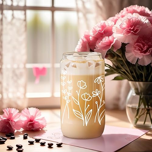 Miniatura 8 de Coolife Taza de café helado floral, tazas de vidrio de 16 onzas con tapas y pajitas, tazas estéticas, vaso de vidrio de café, vasos de cerveza con