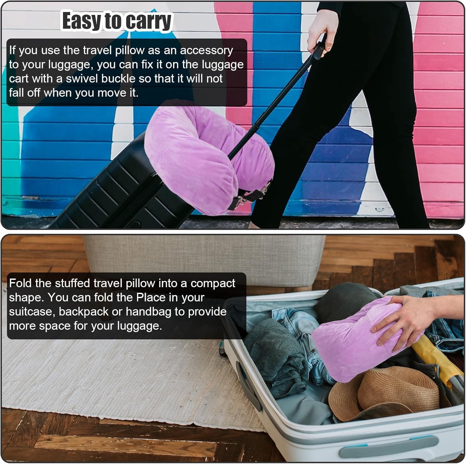 Reisekissen Nackenkissen Flugzeug Füllbares Reisekissen Reise-Nackenkissen Mit Aufbewahrung Für Kleidung Reiseutensilien(Purple)