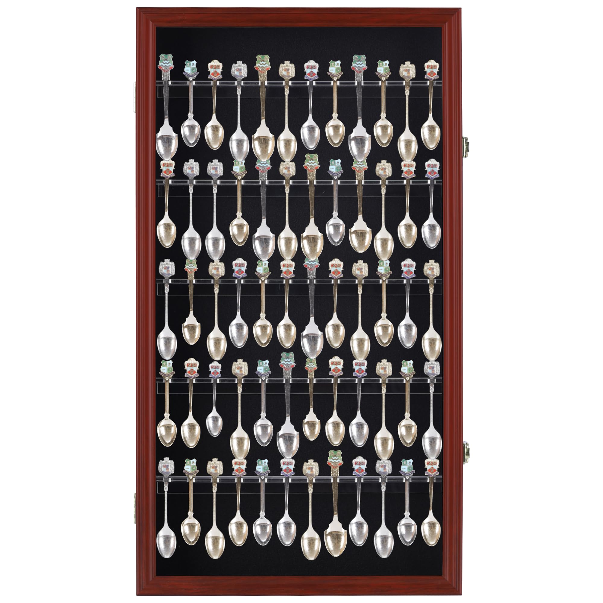 DisplayGifts 60 Souvenir Spoon Tea Spoon Display Case Rack Holder Wall Cabinet Collection Frame with UV Protection, Lockable Door (Cherry Finish)
