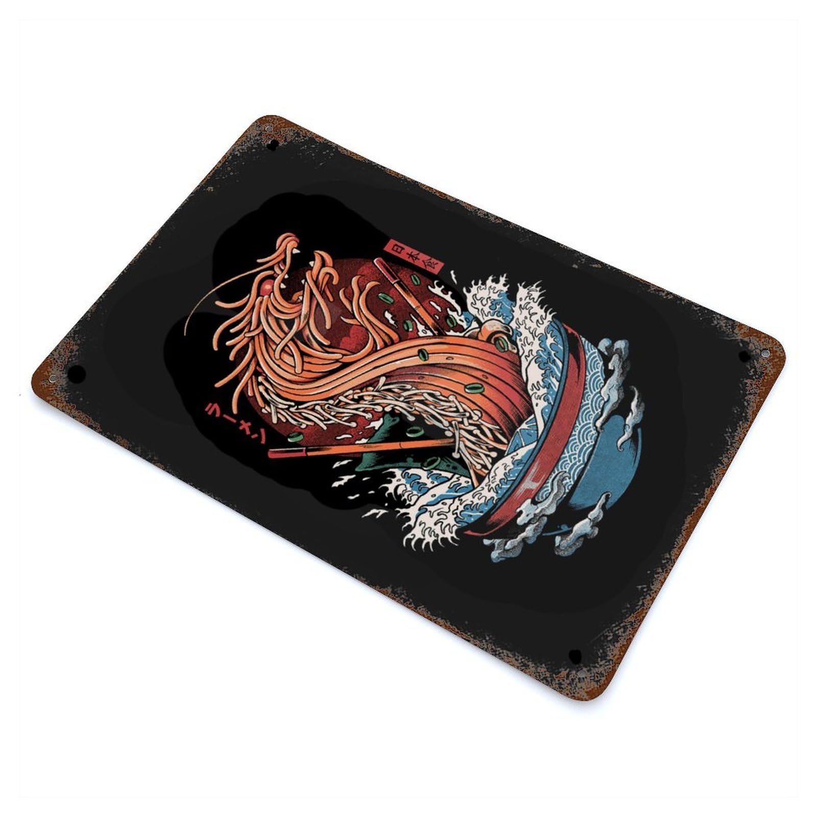 Rust Effect RAMEN DRAGON Aged Metal Wall Plaque 11.8"x7.9", Shabby Chic Decor for Basement, Hobby Room And Garage Decor