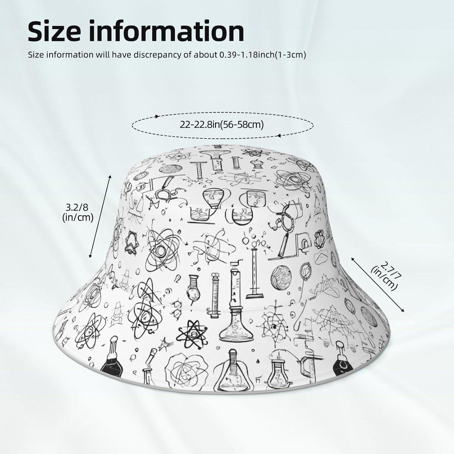 (Chemistry Print) Reflective Reversible Bucket Hat Foldable Breathable Stylish Two-Way Wear for Outdoor Travel Daily Activities Black