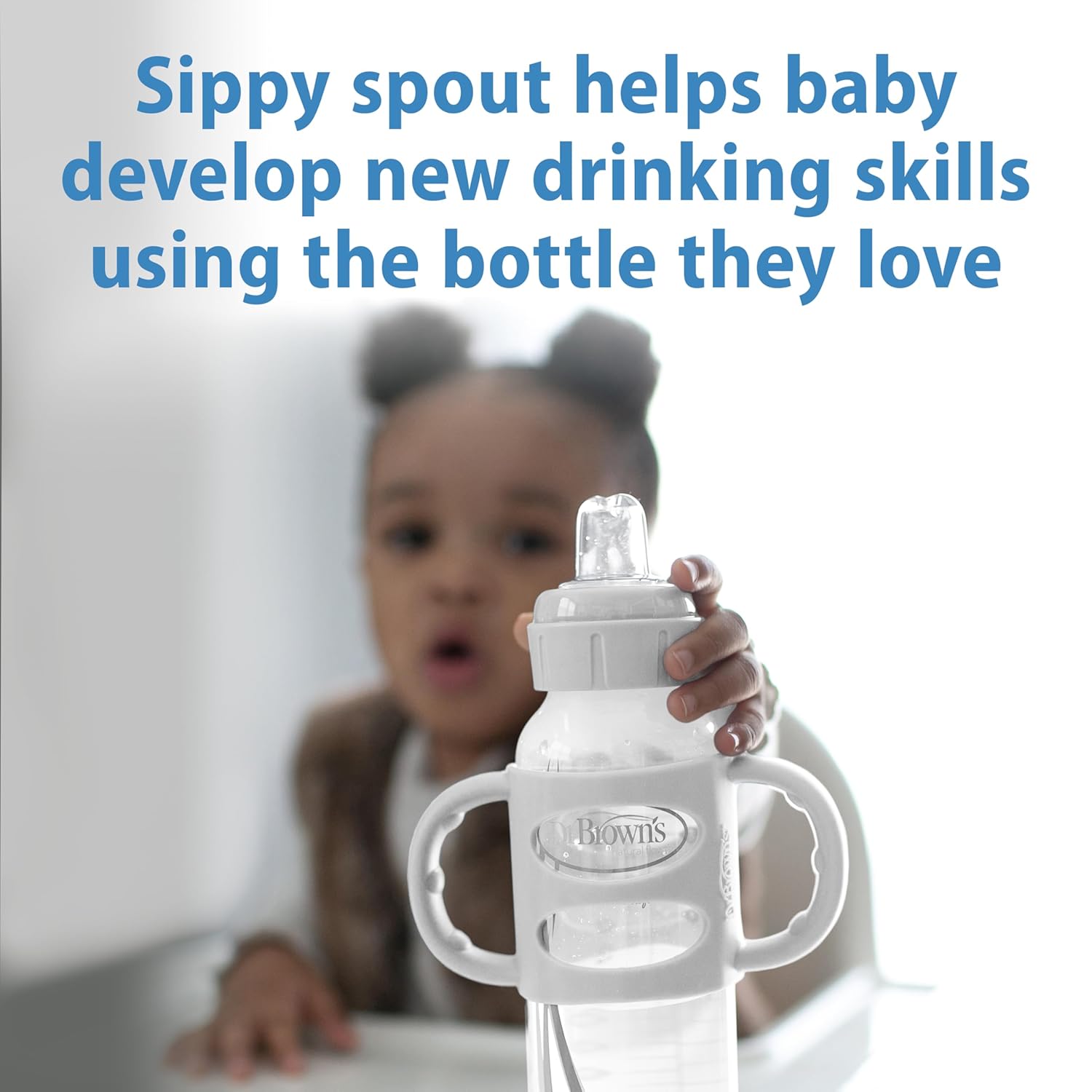Dr. Brown's Milestones Narrow Sippy Spout Bottle with 100% Silicone Handles, Easy-Grip Handles with Soft Sippy Spout, 8oz/250mL, Green & Gray, 2-Pack, 6m+ - Image 2
