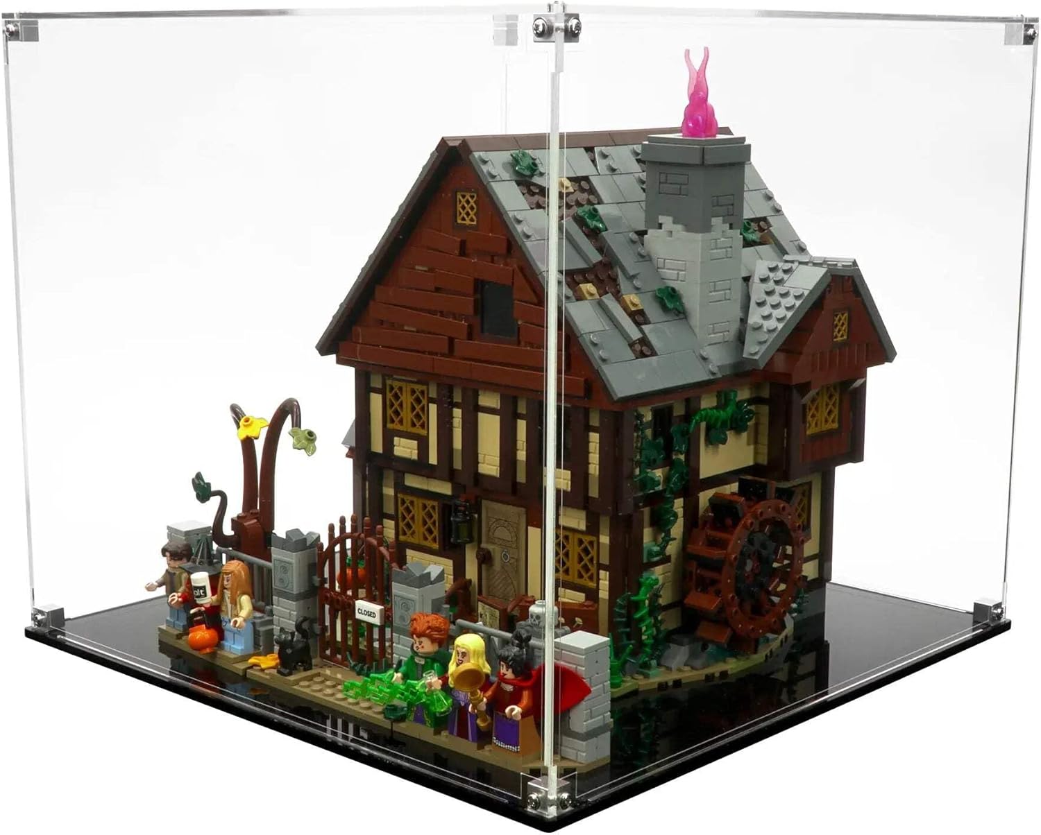 Display Case Compatible with Lego Set 21341 - Disney Hocus Pocus: The Sanderson Sisters' Cottage - Acrylic Dustproof Showcase with Pre-Printed Background - Set Not Included