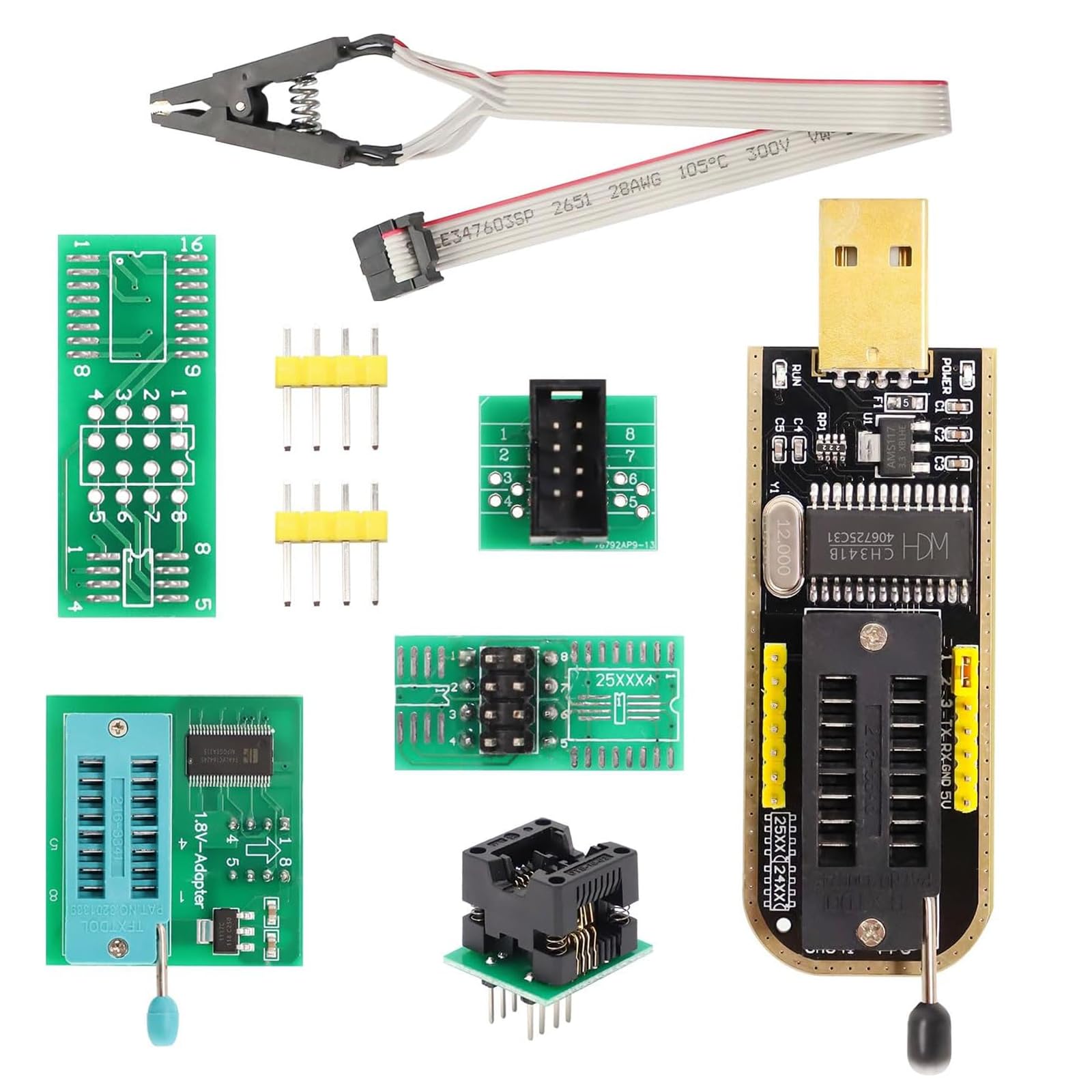 Programmatore ch341B Kit Include SOIC8 SOP8 Clip di Test + CH341B Programmatore + 1,8V Convertitori + Convertitori da SOP8 a DIP8 per EEPROM 25cxx / 24cxx