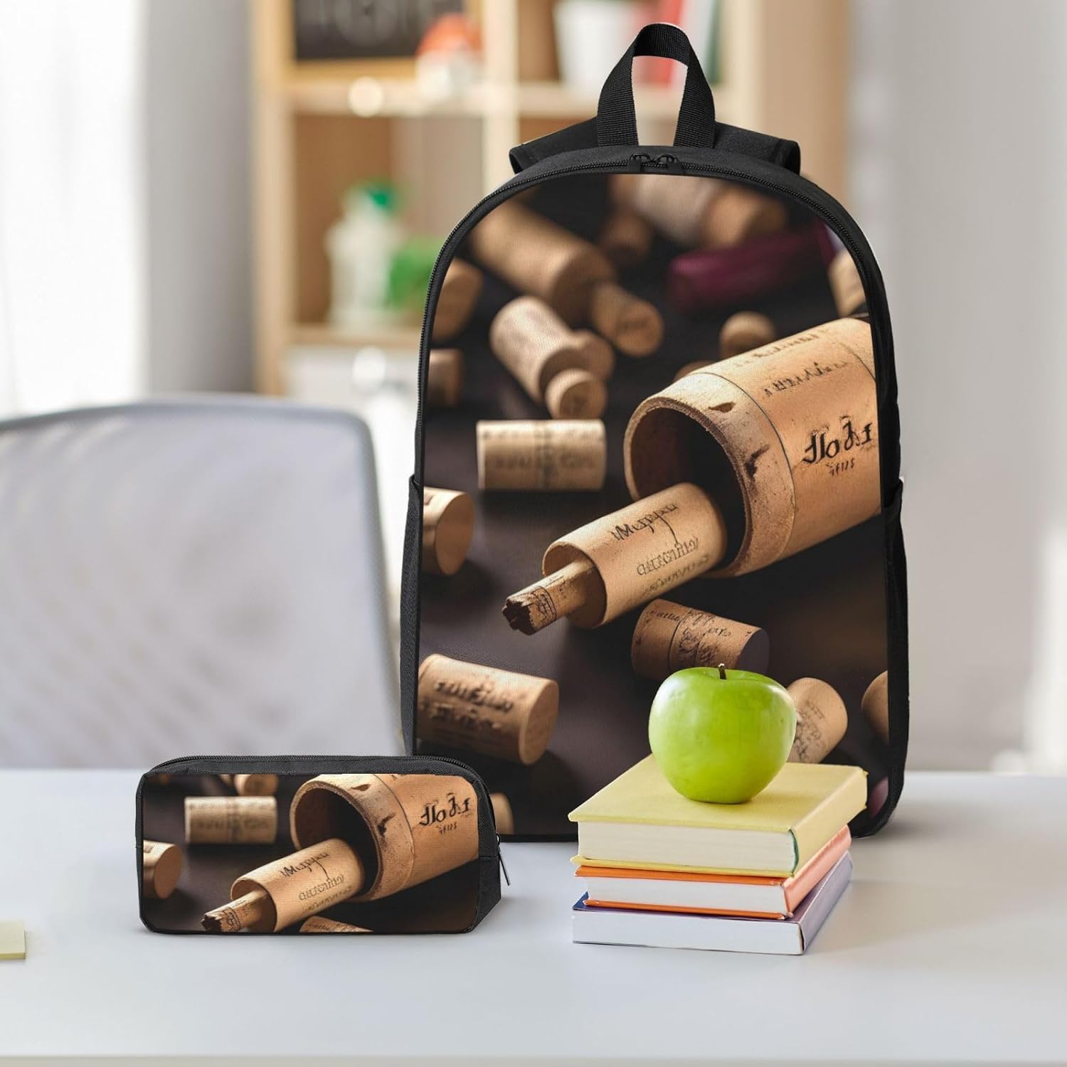 Wine Bottle Cork print 3 Piece Backpack Bags with Lunch Box Pencil Case Set for Travel Work Camping Unisex