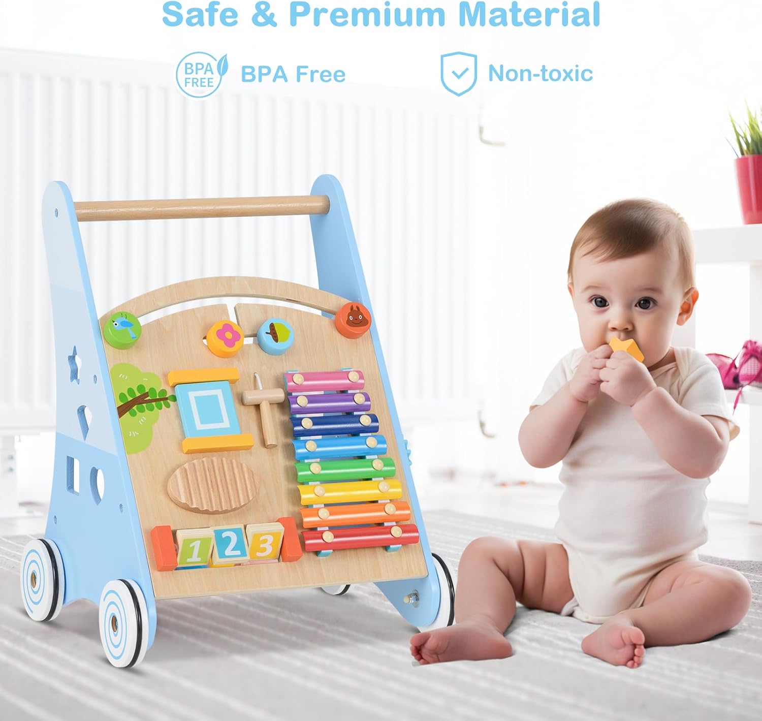 INFANS Wooden Baby Walker, Montessori Walker with Multiple Activity Toys, Storage, Push Walker Toys for Infant Learning to Walk, Sit to Stand Walker for Boys Girls
