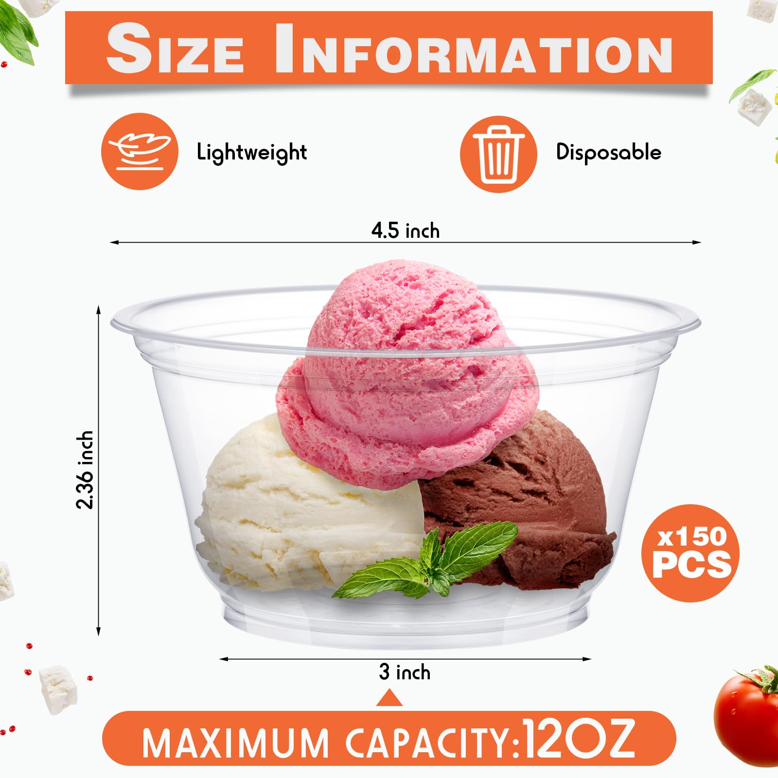 Newtay 150 Pack 12oz Small Clear Plastic Bowls Clear Disposable Bowls Salad Bowls Bulk Soup Ice Cream Fruit Dessert Serving Bowls for Party Wedding Picnic Birthday Halloween Christmas