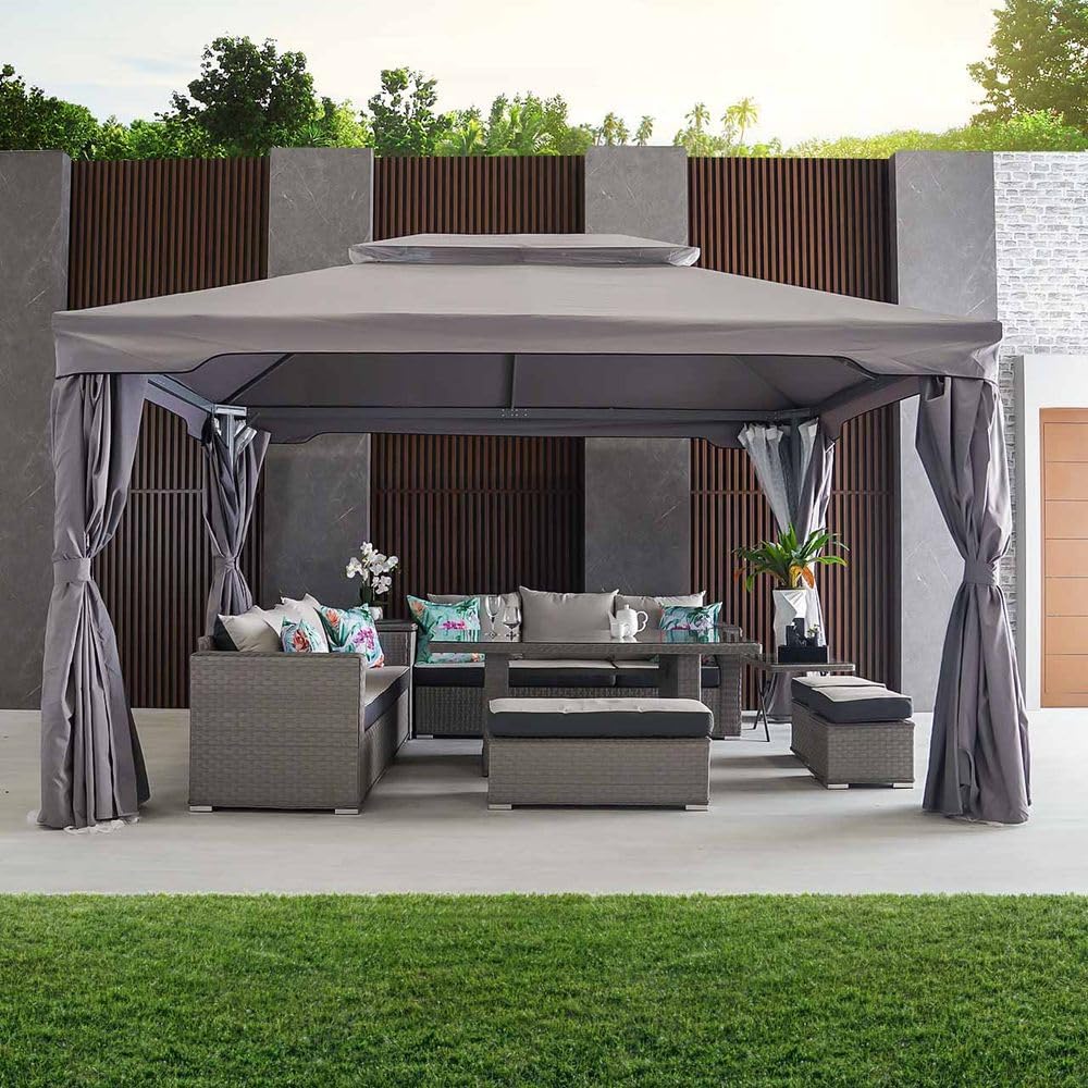 Sponsored Ad – Danube Home Roma Gazebo Aluminum Frame With Polyester Roof | Rectangle Shape With Curtain And Net | Water And Uv Resistant Garden Patio Canopy | Modern Outdoor Furniture 3X4M - Grey