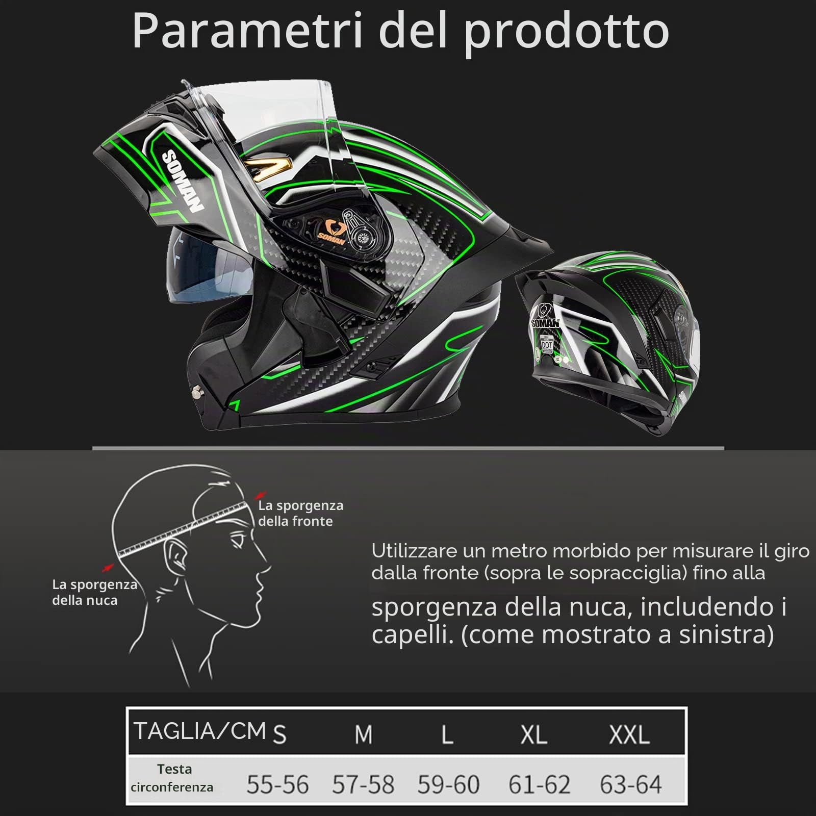 Casco Modulare Moto con Doppia Visiera Casco Moto Integrale Omologato ECE con Visiera Doppia Antigraffio Caschi Moto Modulari Uomo e Donna, Nero Verde-M