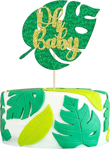 Gyufise 1 pieza de decoración de pastel tropical dorado verde Oh Baby Cake Topper Jungle Safari Baby Shower Cake Decoración de hoja de Monstera niño