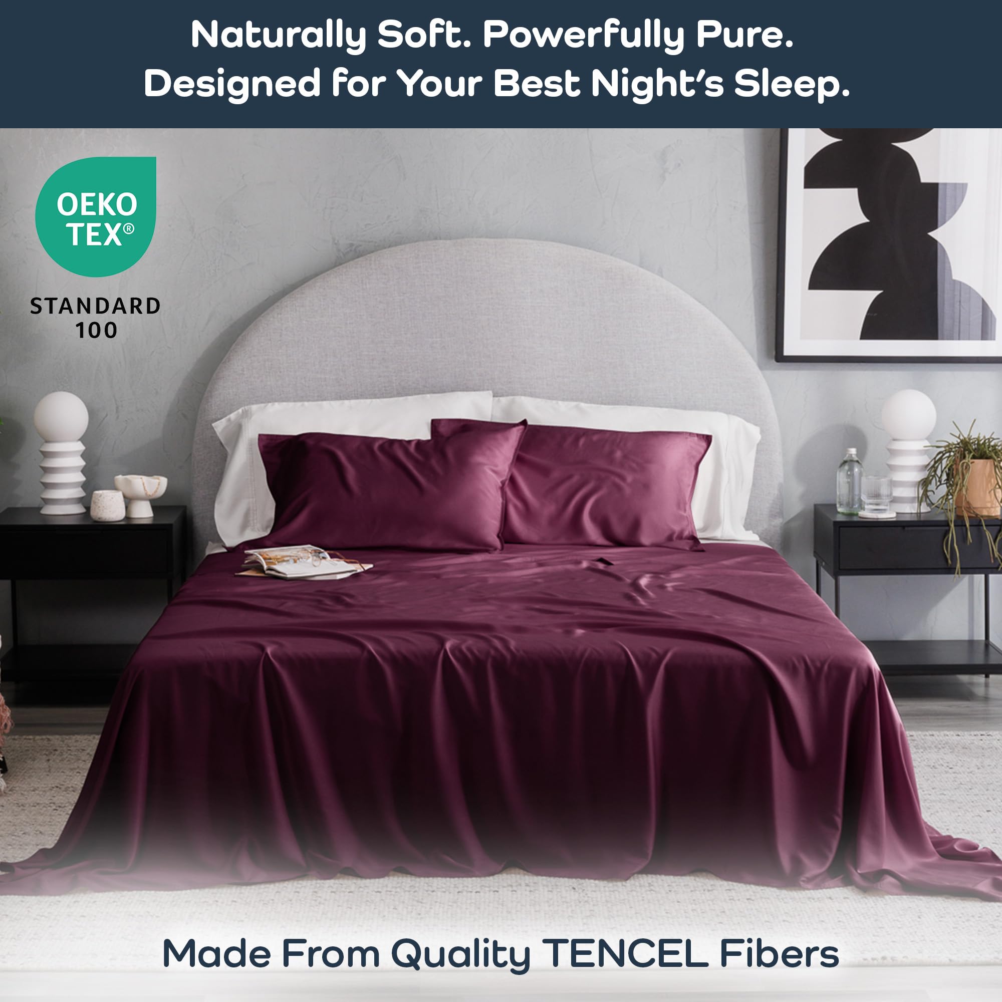 Olive + Crate Tencel Lyocell Eucalyptus Queen Size Sheet Set - Cooling Tencel Sheets for Hot Sleepers with 18 Inch Deep Pocket Fit - Ivory 4-Piece Set: Sour Cherry Queen