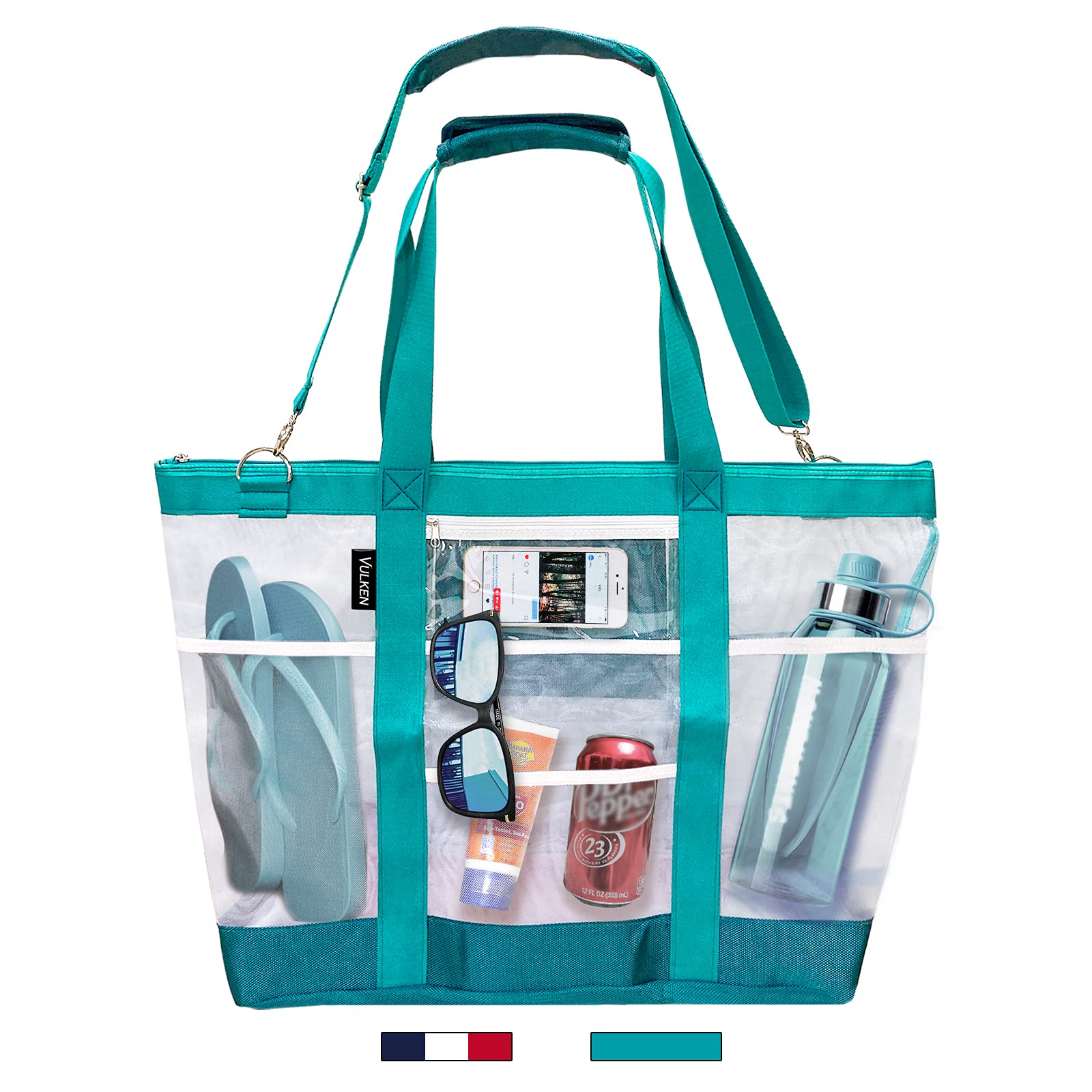 38L Large Mesh Beach Bag. 9 Pockets Multipurpose Shoulder Bag