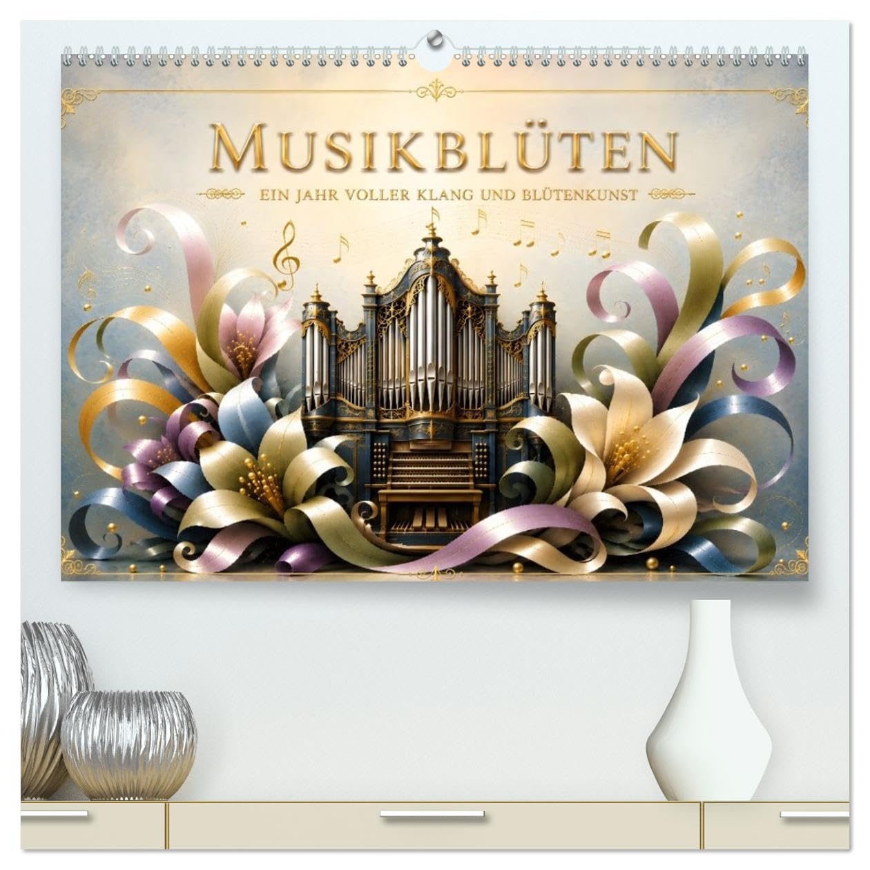 CALVENDO · Musikblüten - 12 Monate voller Klang (Kalender 2027) | DIN A2 Querformat · Premium-Wandkalender · Blütenkunst · Musikinstrumente, eingebettet in dekorative Fantasieblüten