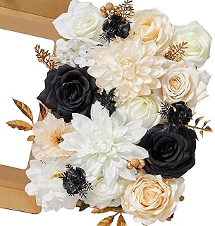 Serwalin Artificial White & Black & Champagne Flowers, Silk Fake Flowers...