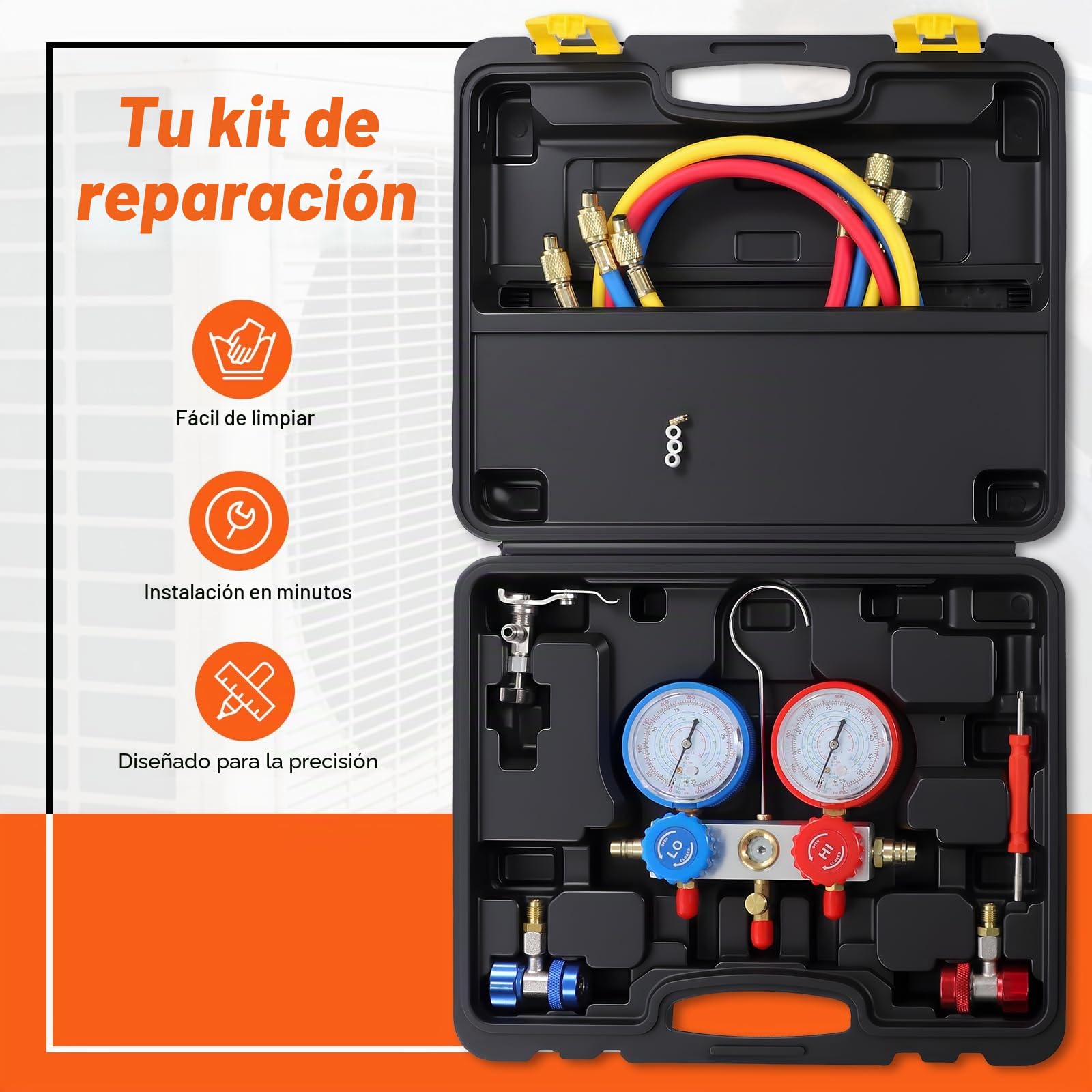 Acondicionador de aire acondicionado de 2 vías con manómetros, bomba de vacío, accesorios para R32 R410A R134A, incluye 3 mangueras y girador de válvulas, herramienta de aire acondicionado para coche