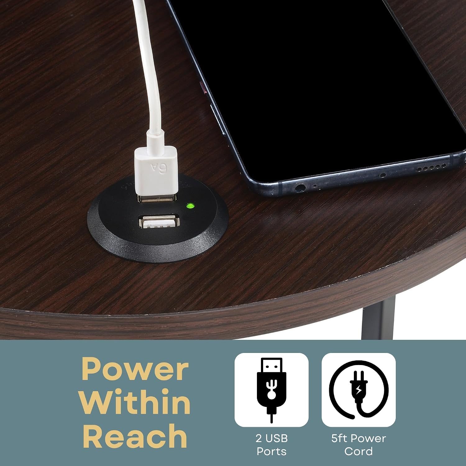 Convenience Concepts Simon End Table with USB Ports 15.75" – Modern 3-Tier Round Side Table with Storage Shelves for Family Room, Industrial Style Table with Charging Station, Espresso, Black