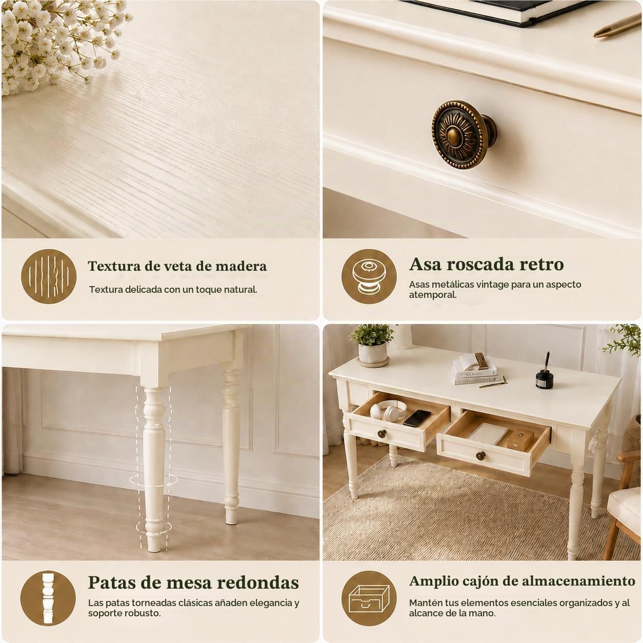 Escritorios de Madera Maciza Blanca con cajones, 120cm
