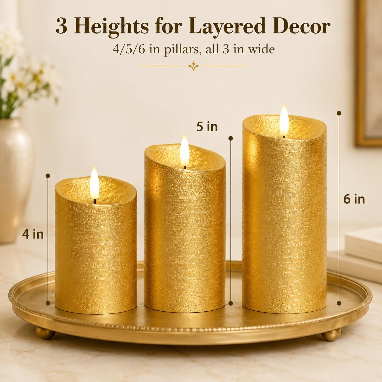 Lot de 3 bougies sans flamme vacillantes avec minuterie, bougies télécommandées, bougies LED à piles pour décoration de Noël Doré